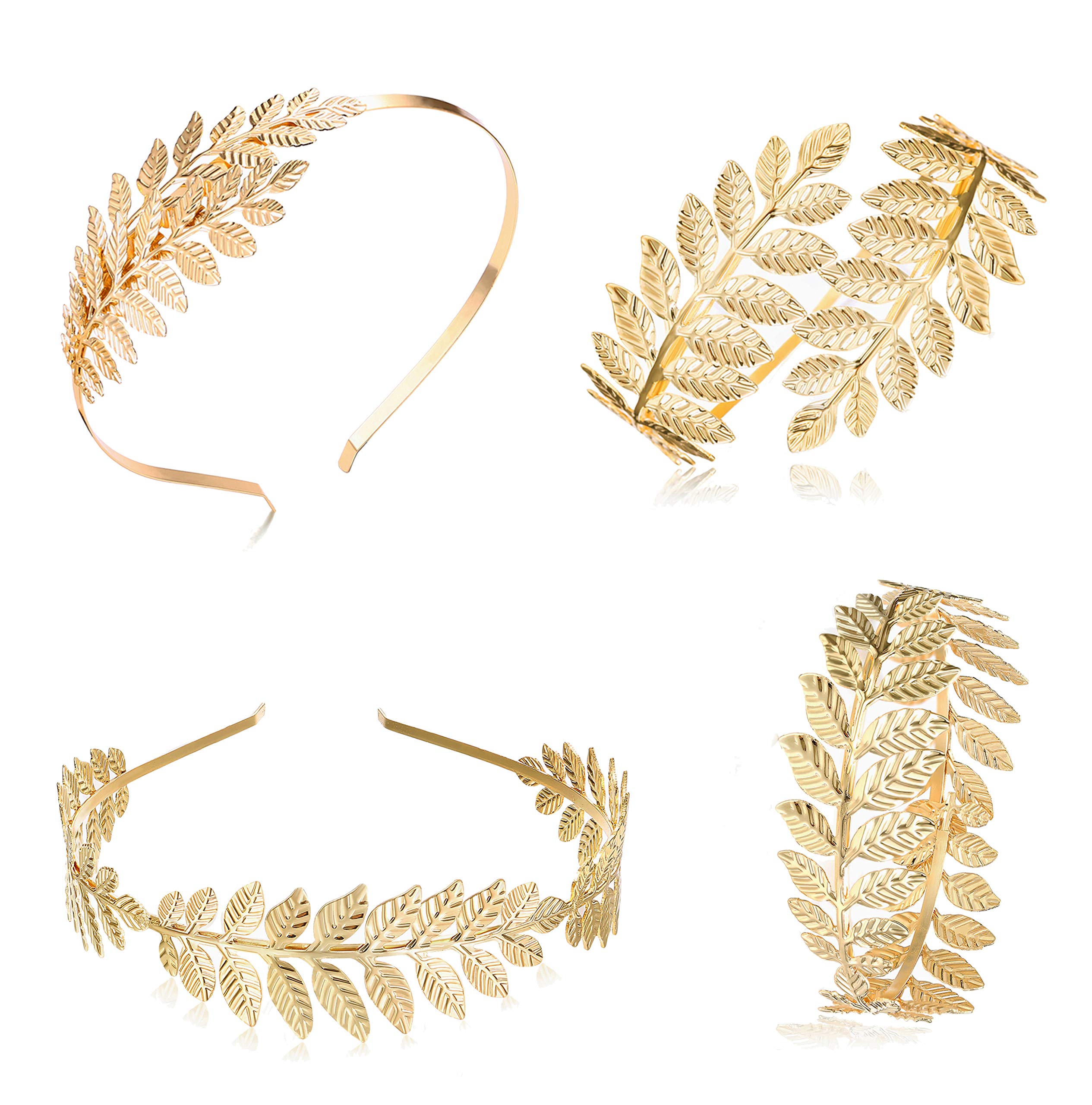 FUNRUN JEWELRYFUNRUN JEWELRY 4PCS Greek Goddess Headband Arm Cuff Bridal Jewelry Set Roman Laurel Leaf Branch Crown Armlet Upper Arm Band Bracelet for Women Party
