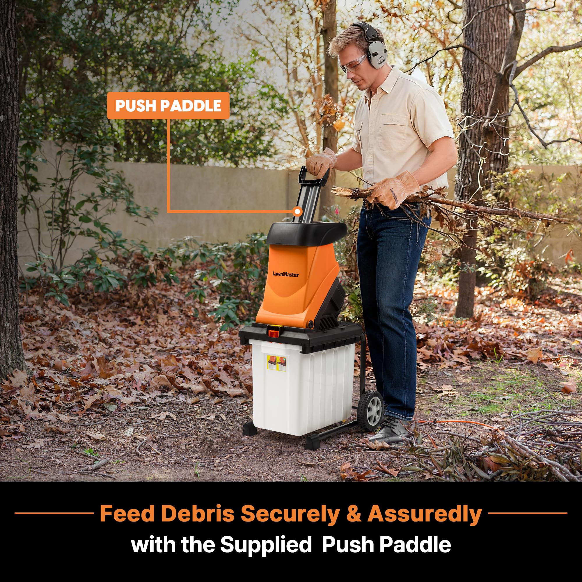 LawnMaster Wood Chipper, 15 Amp Electric Wood Chipper Shredder with Collection Bin, 1.8-Inch Cutting Diameter Max 16:1 Reduction-FD1504 - Detailed View