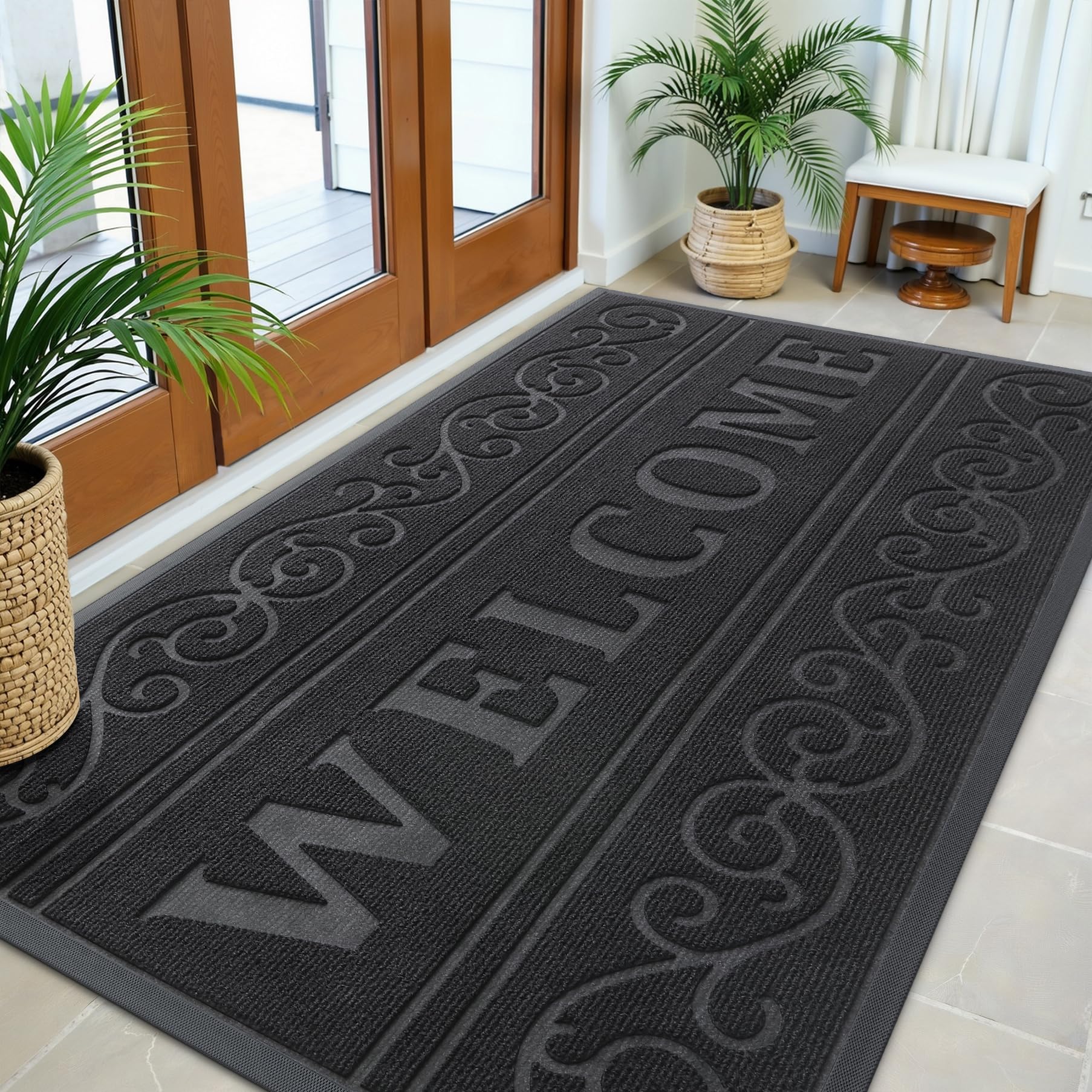 OLANLY Welcome Door Mat Indoor Outdoor 59x35, Heavy-Duty Rubber Doormat | Black, Waterproof All-Weather, Stain Resistant, Low-Profile Floor Mat for Patio, Porch, Entrance and Entryway, Easy to Clean