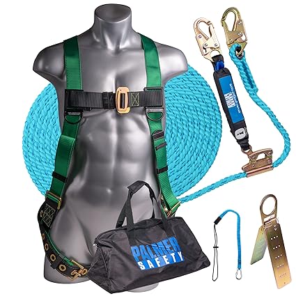Palmer Safety Roofing Bucket Kit I Full-Body Harness, 25' Vertical Rope, Anchor Set & Tool Lanyard I Construction Fall Arrest Kit for Roofers & Construction Workers I OSHA & ANSI Compliant Equipment (Green)