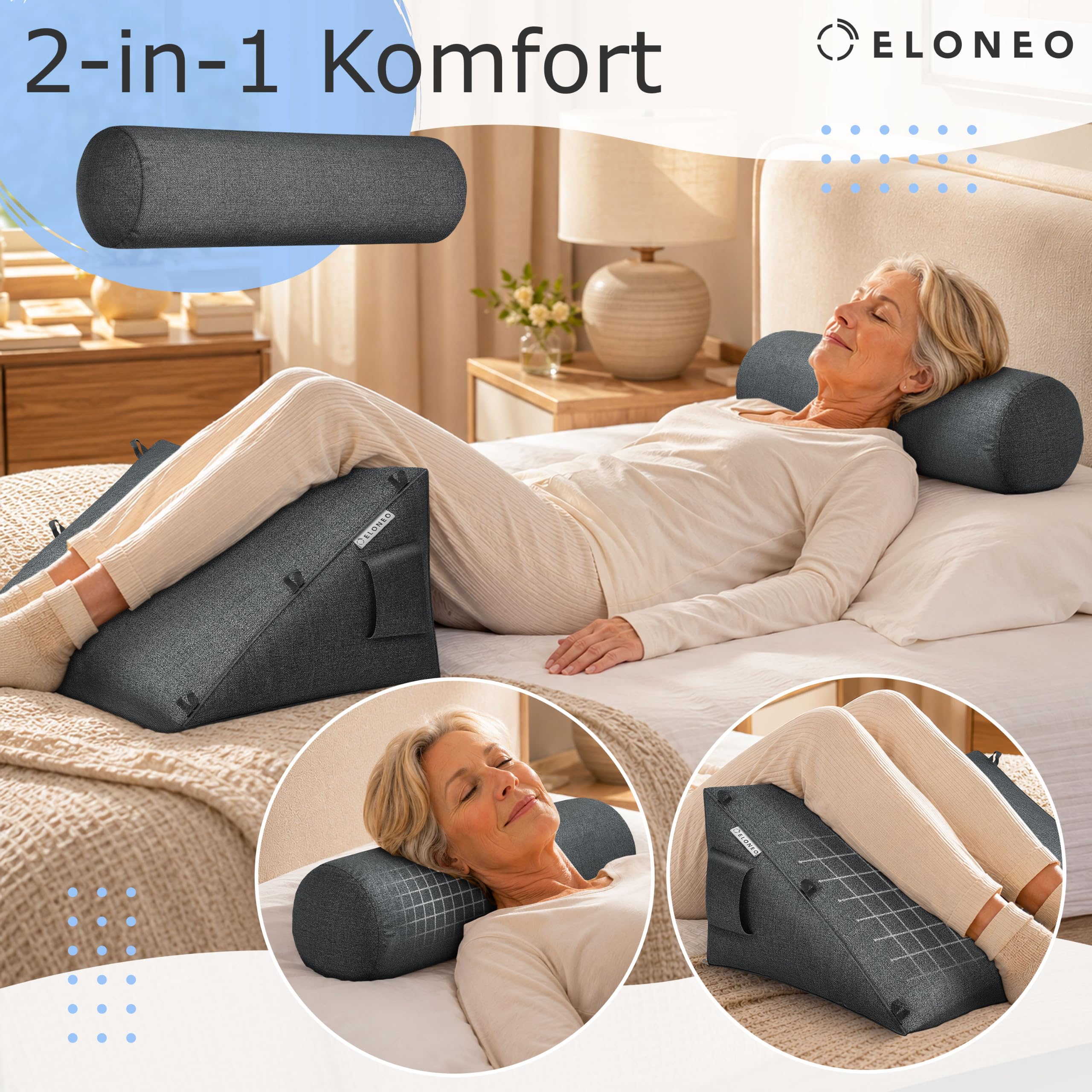 maxVitalis Rückenkissen Bett / Sofa mit Abnehmbarer Nackenrolle und Seitentasche, Rückenstützkissen mit Nackenkissen, Bezug waschbar, Lesekissen, Bücherkissen, Rückenlehne, 55×50×30 cm, Dunkelgrau