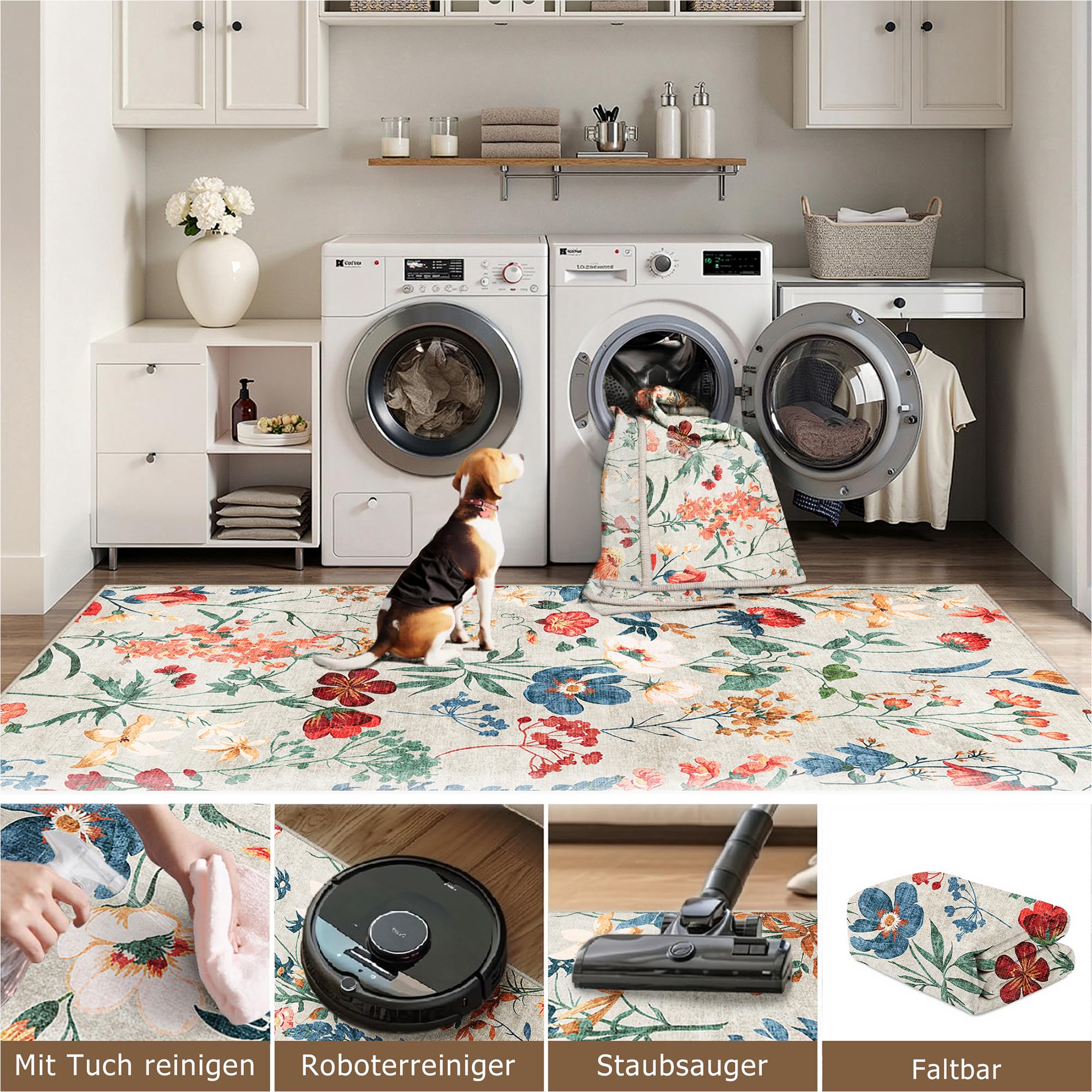 HUGEAR Beige Waschbarer Läufer Teppich Flur 80x400cm Blumenmuster Bettvorleger Blumen Boho Modern Küchen Wohnzimmer Schlafzimmer Teppiche rutschfest Kurzflor Weich Flurläufer Teppichläufer
