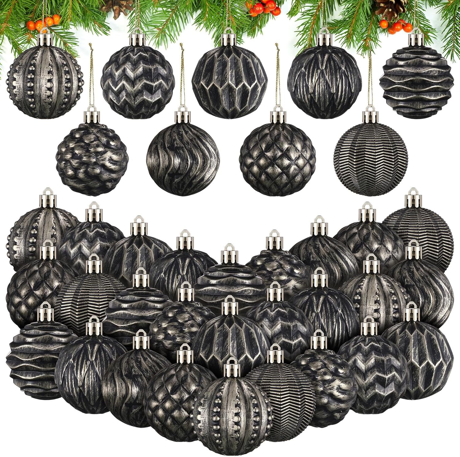 Liliful 36 Pcs Farmhouse Ball Ornaments Set Distressed Christmas Tree Ornaments Vintage Christmas Balls for Retro Holiday Party Decor (White-Silver)