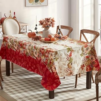 Newbridge Bountiful Fall Harvest Vinyl Flannel Backed Autumn Tablecloth Pumpkin Sunflower Leaf Border Thanksgiving Country Cottage Easy Care, 52 x 70 Inch Rectangle Table Cover