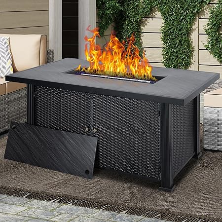 52 Inch Propane Fire Pit, CSA-Listed Outdoor Gas Fire Pit Rectangular Tabletop with Lid, 50,000 BTU Steel FireTable with Rain Cover Glass Wind for Outside Patio Yard Balcony, Black