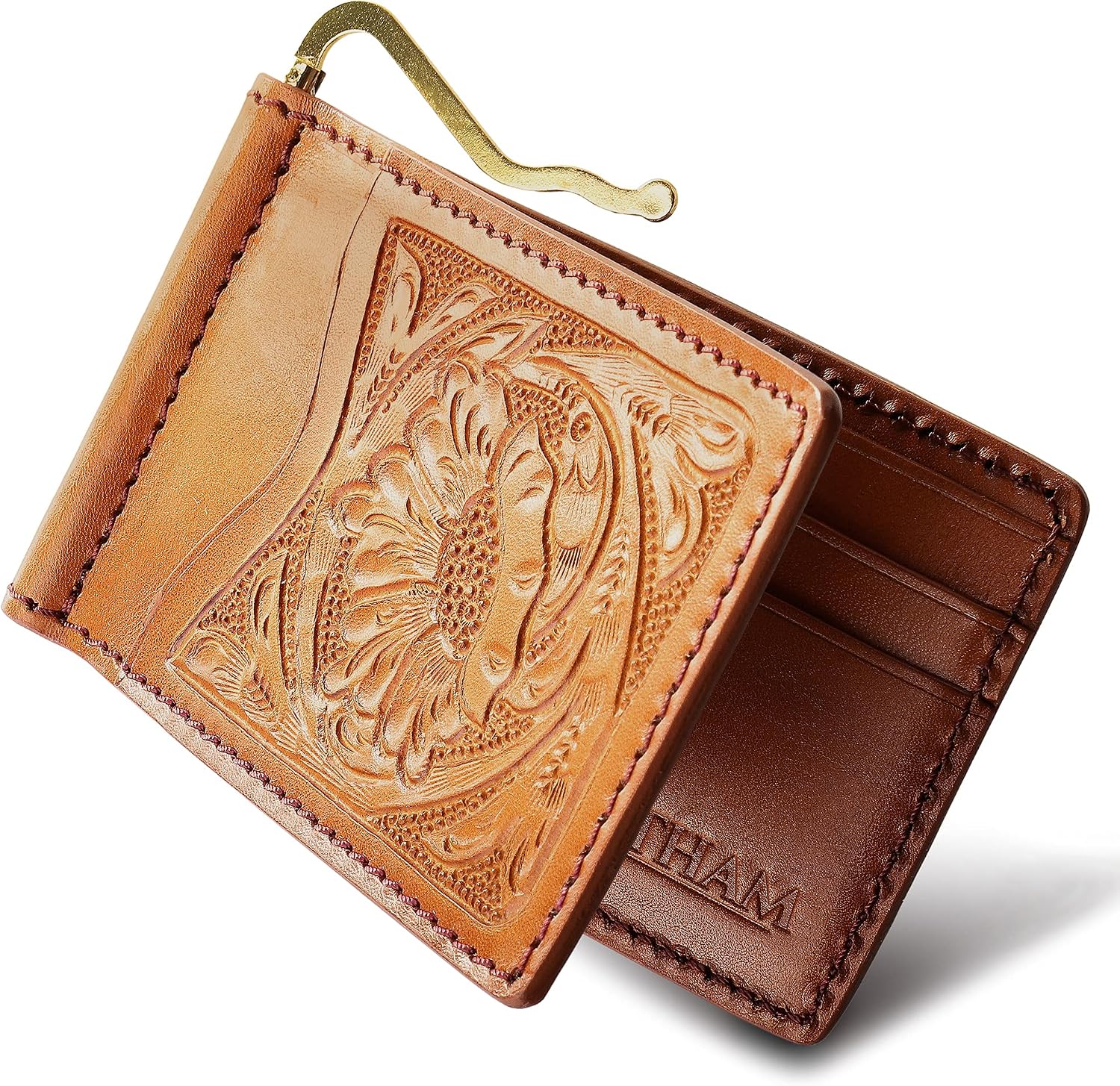 Genuine Leather Thai Handmade Carving Vintage Money Clip Wallet, Minimalist Handcrafted Slim Credit Card Holder (Light Brown)