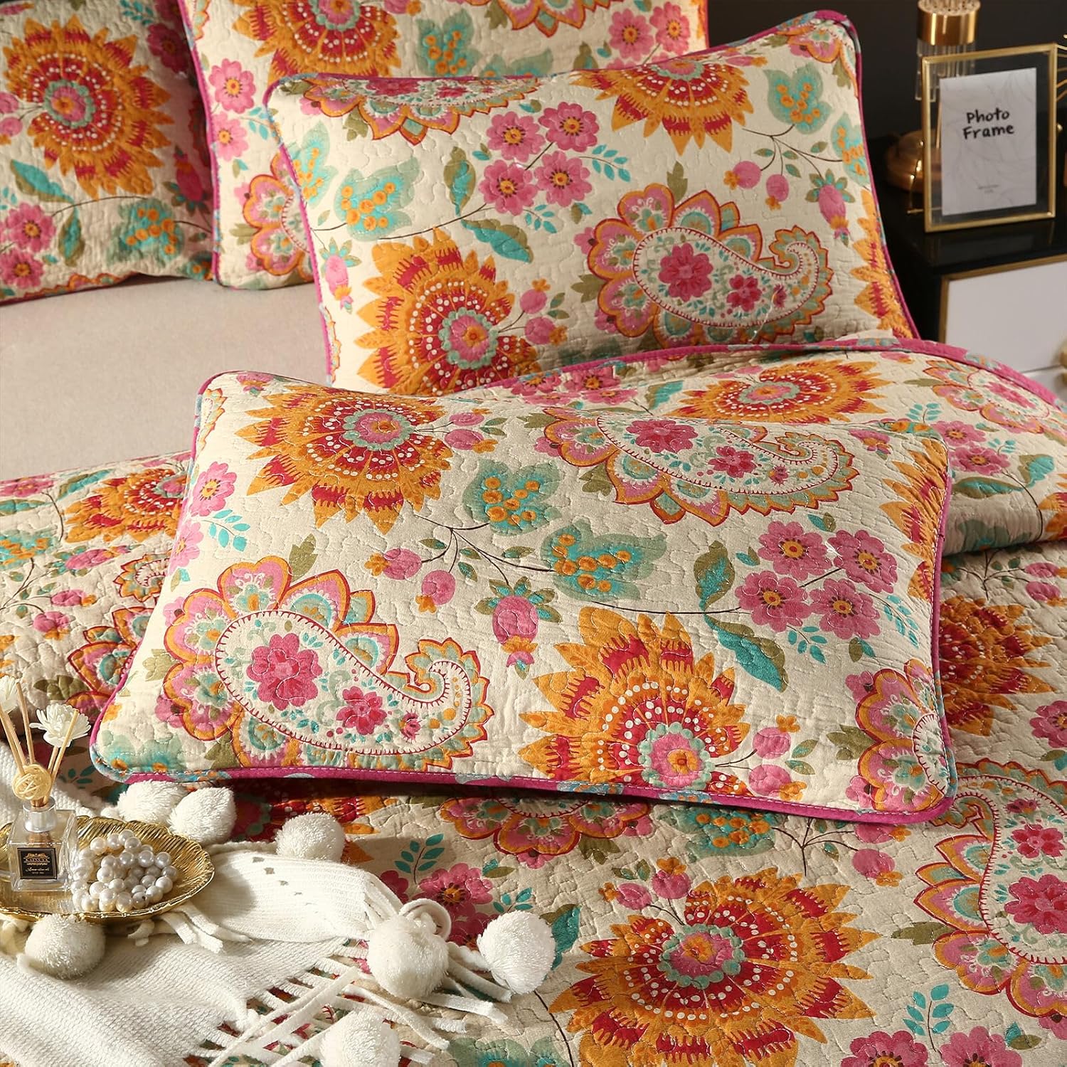 100% Cotton Boho Quilt Set Full Queen Size Gorgeous Paisley Floral Patterned Quilt Bedspread 98"x90" Bohemian Vibrant Exotic Ethnic Mandala Coverlet Bedding Set 3 Pieces for All Seasons - Image 3