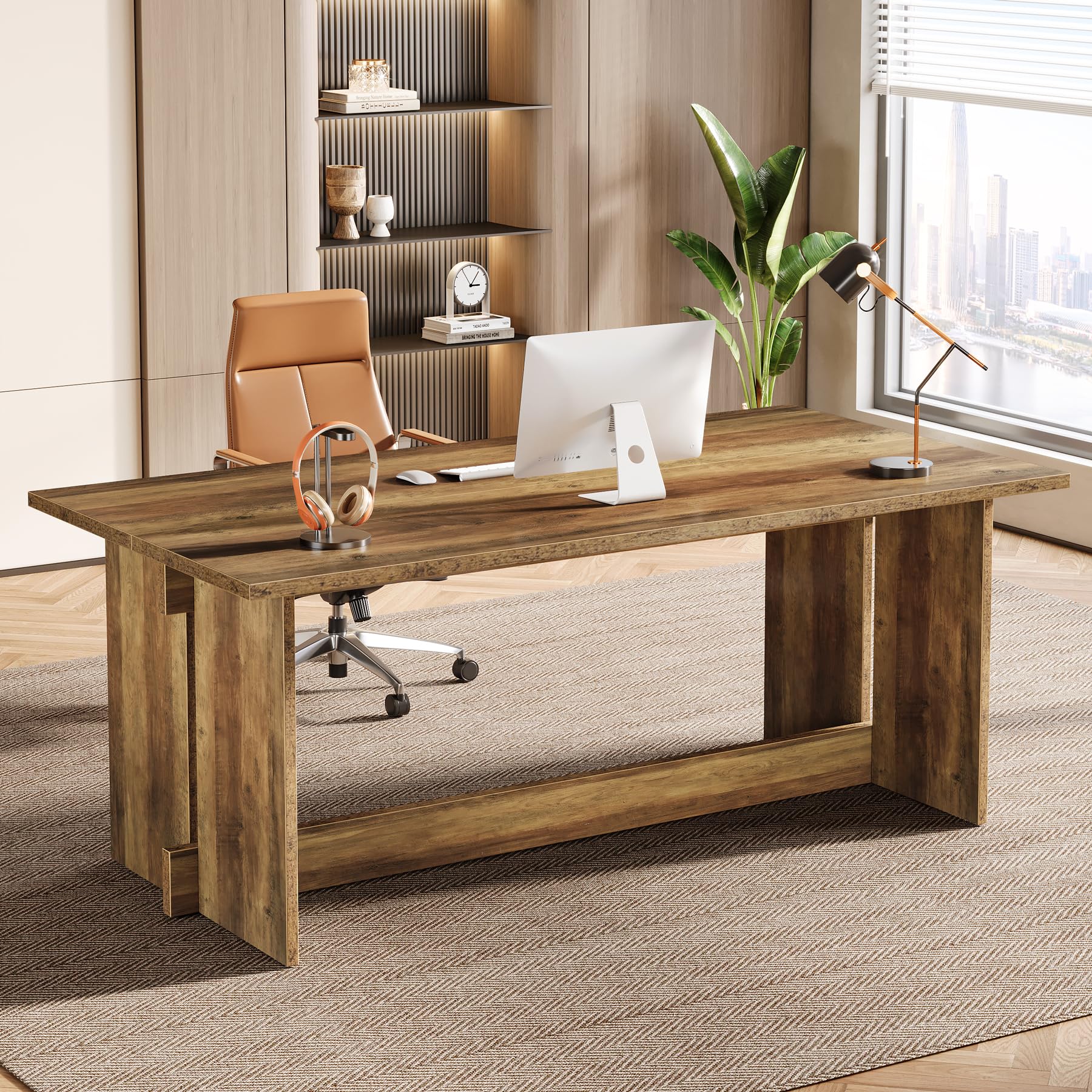 Tribesigns 63-Inch Executive Office Desk, Large Wood Computer Desk, Home Office Desk with Double Pedestal, Industrial Writing Table Study Desk, Business Workstation Desk for Home Office, Brown