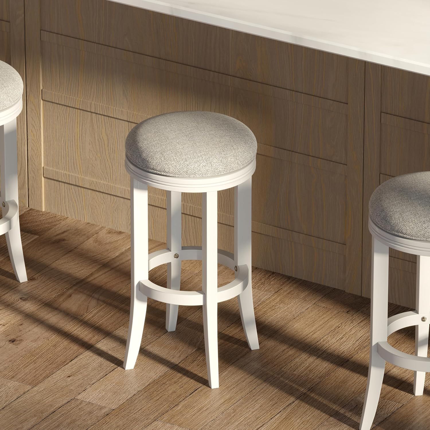 New Ridge Home Goods Avery 31in. Bar-Height Wood Backless Barstool with Upholstered Grey Swivel Seat, White Frame