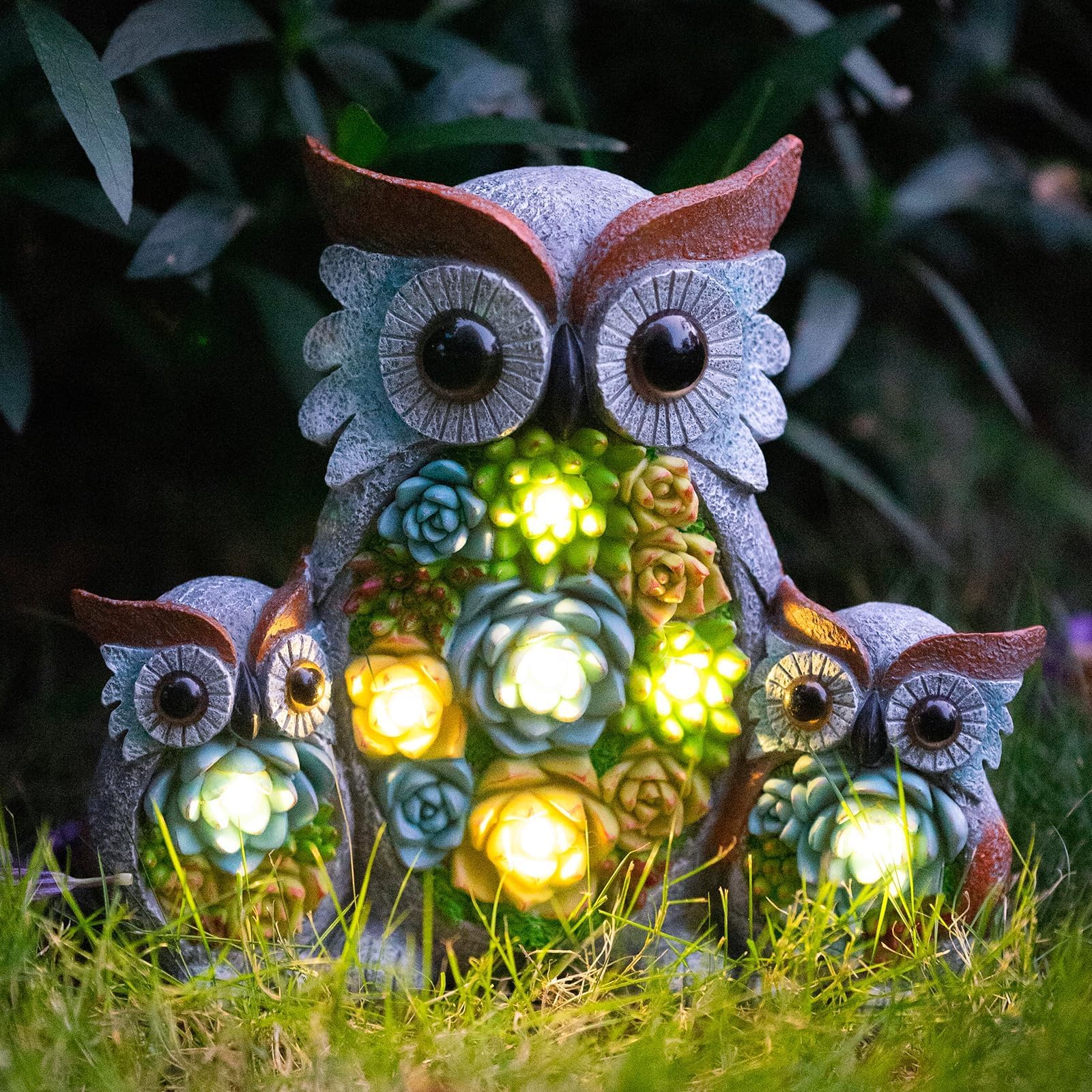 Candieslife Solar Garden Statue Owl Decor – Cute Owl Family Figurines with LED Succulent Lights, Waterproof Outdoor Yard Art Ornaments for Patio, Lawn, Porch, Housewarming Gifts for Women Mom