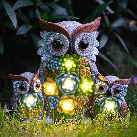 Candieslife Solar Garden Statue Lights Owl Figurine with LED Lights, Outdoor Garden Succulent Ornaments Gift Waterproof Decoration for Outside Patio Yard Lawn Decor