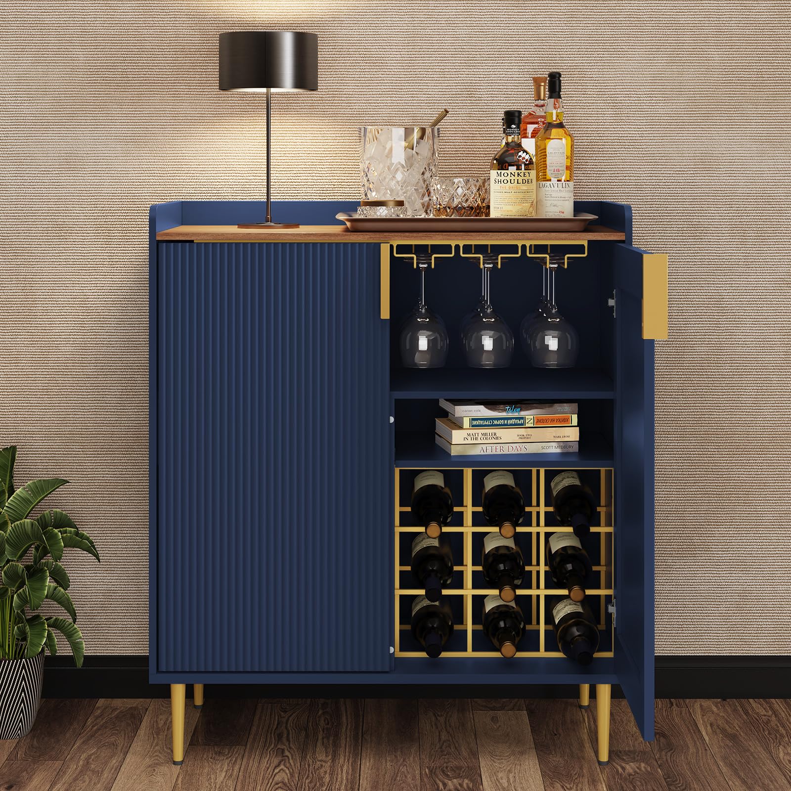 ARTPOWER Sideboard Buffet Cabinet with Fluted Texture, Bar Cabinet, Blue | Modern Coffee Bar with Wine Rack&Drawers, Blue Liquor Cabinet for Kitchen Dining Room, Living Room-image-44