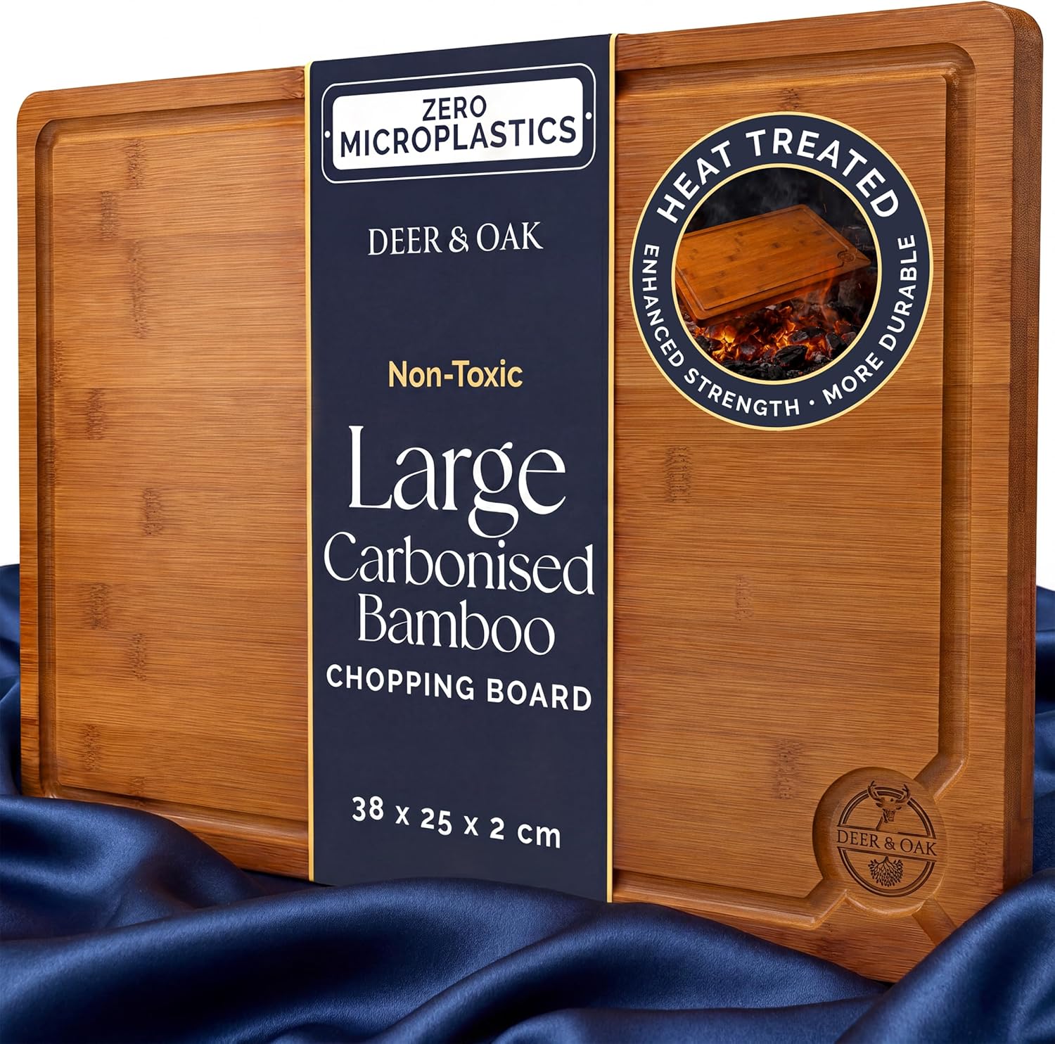 Deer & Oak Large Carbonised Cutting Board 38 x 25 x 2cm, Pre-Oiled Wooden Bamboo Chopping Board for Carving Meat, Fish, Vegetables, Fruits, Cheese, Bread