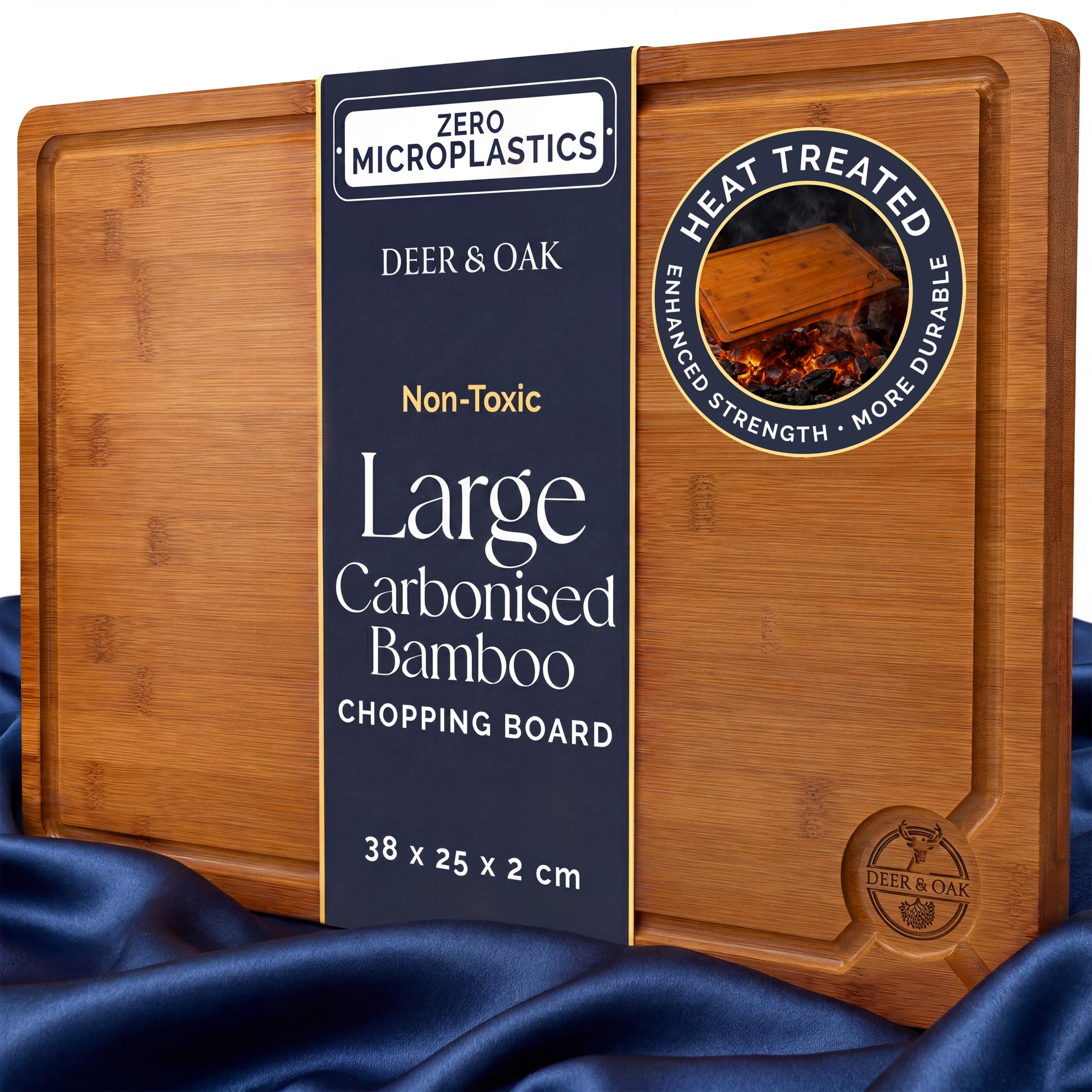 Deer & Oak Large Carbonised Cutting Board 38 x 25 x 2cm, Pre-Oiled Wooden Bamboo Chopping Board for Carving Meat, Fish, Vegetables, Fruits, Cheese, Bread