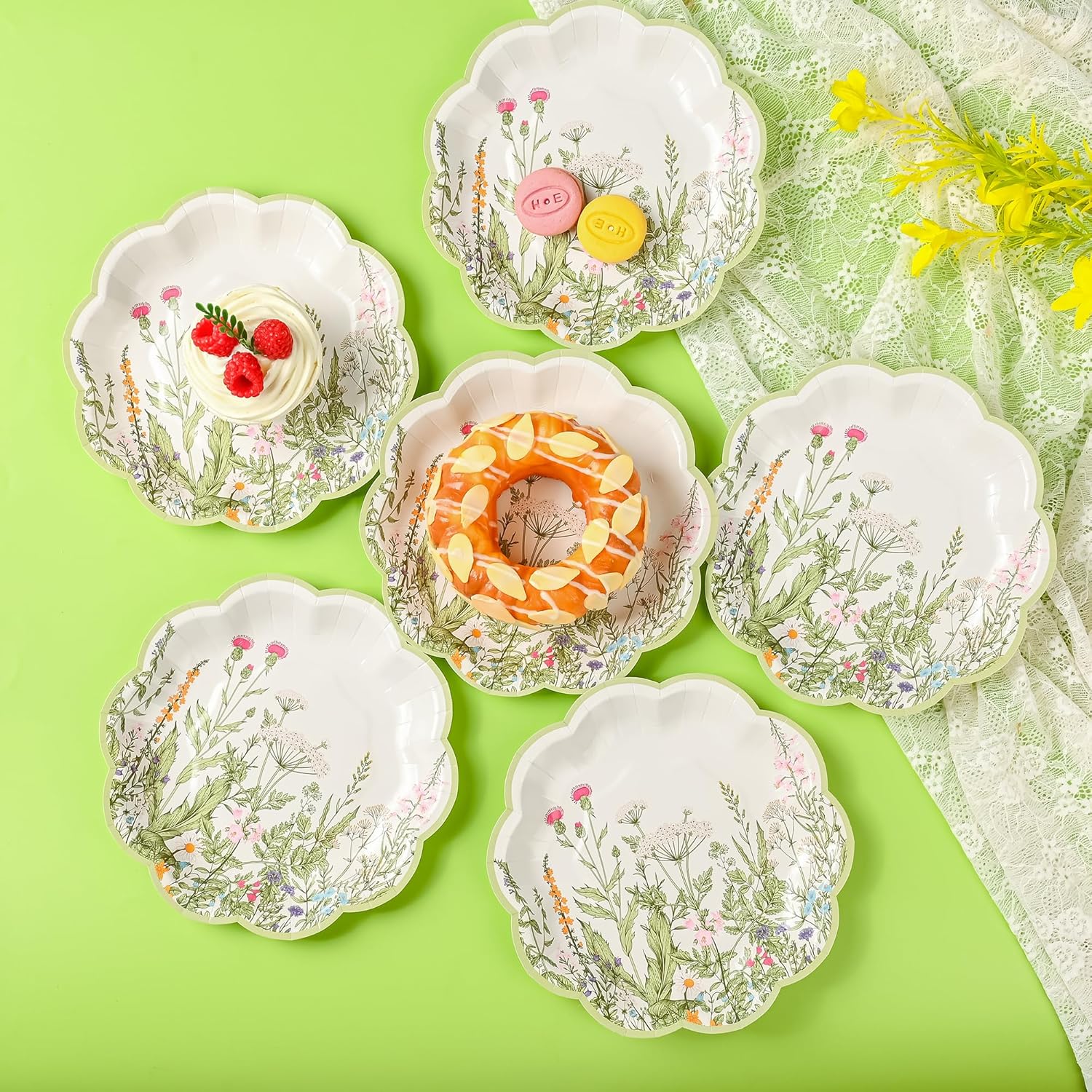 24Pcs Wildflower Dessert Paper Plates Floral Disposable Party Plates Garden Botanical Green Leaves Herbs 7" Scalloped Plate for Baby Bridal Shower Tea Party Supplies (24) - Image 4