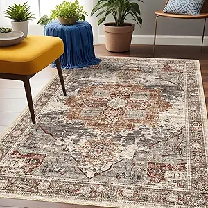 Washable 3x5 Area Rugs - Vintage Area Rug for Living Room Stain Resistant Carpet Low Pile Ultra-Thin Rugs for Bedroom Kitchen entryway with Non Slip Backing Home Decor Small Mat 3X5 Brick