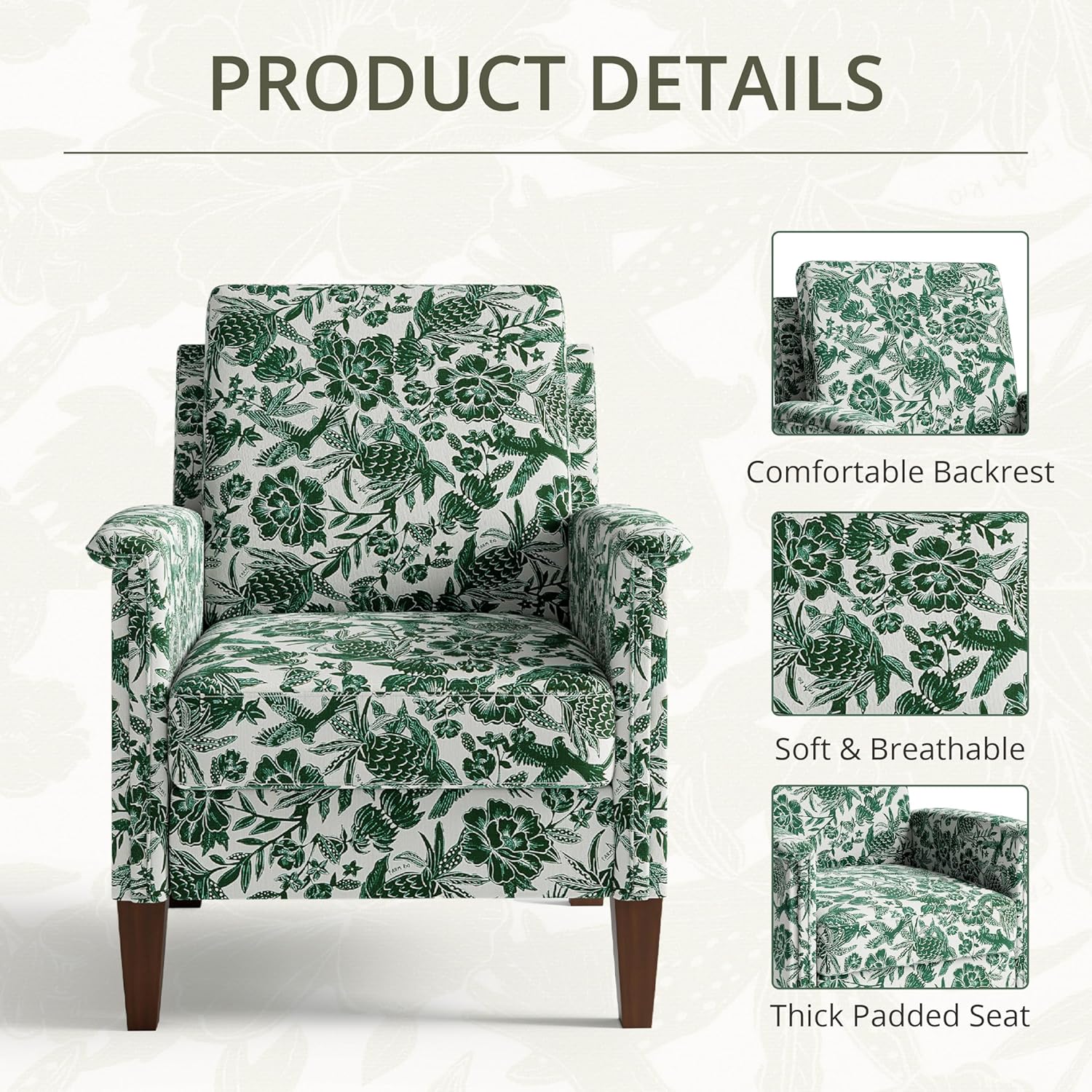 Accent Chair, Modern Floral High Back Upholstered Armchair with Solid Legs for Living Room, Spring-Padded Cushion and Removable Back Cushion Bedroom Reading Single Sofa Chair, Green