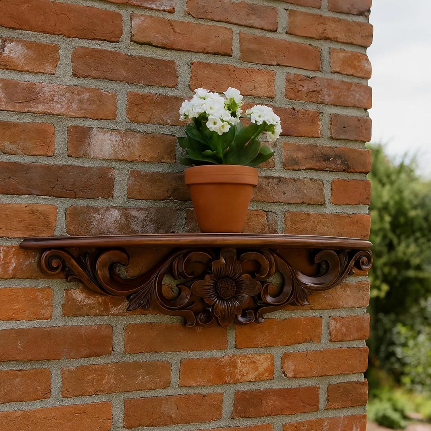 Benjara Hand Carved Wooden Moonbay Wall Shelf in Floral Design, Brown