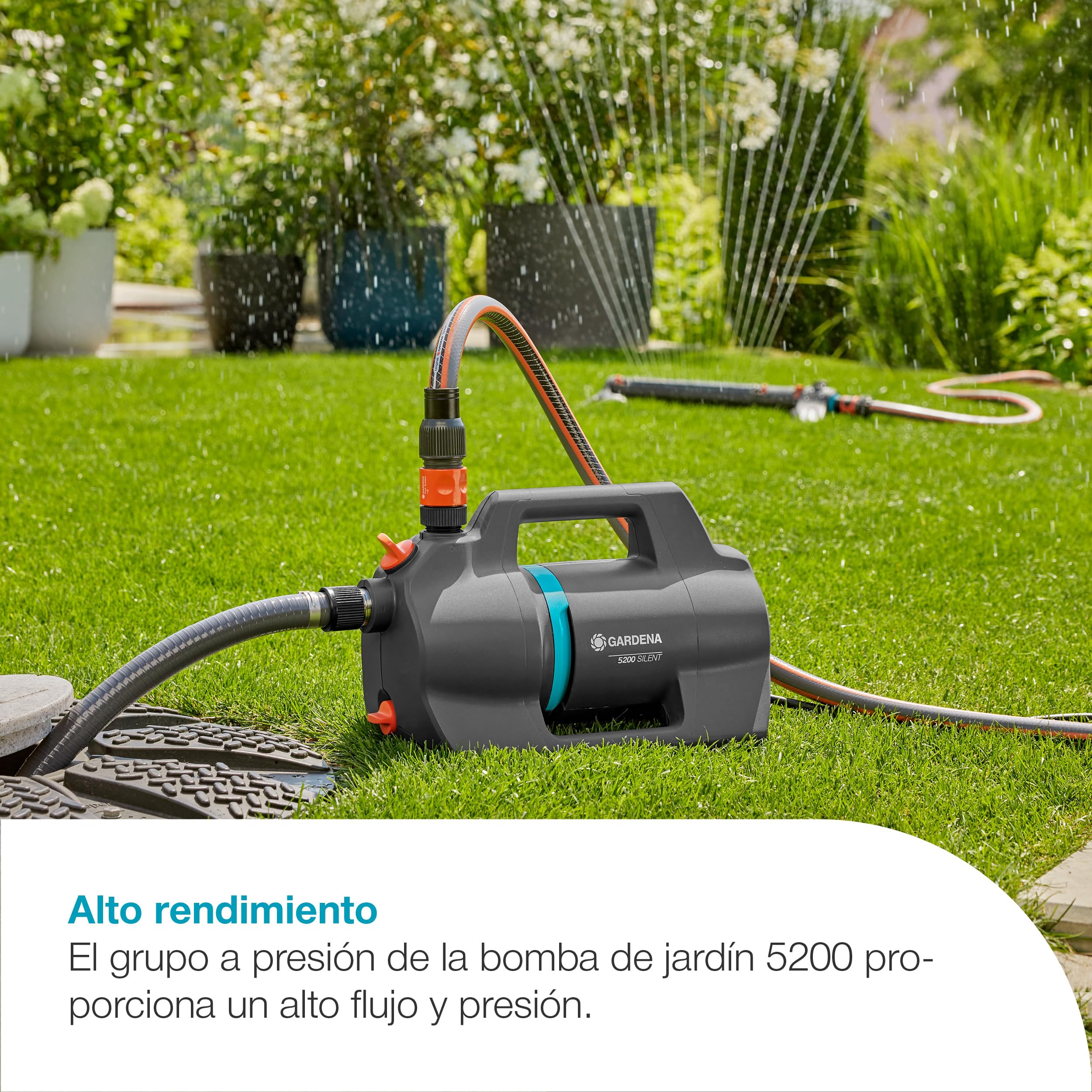 GARDENA Bomba de riego 5200 Silent Set Bombas: 26% más de flujo con el mismo consumo de energía que el predecesor, Operación de bajo ruido, Carcasa resistente a la lluvia y a los rayos UV (9085-20)