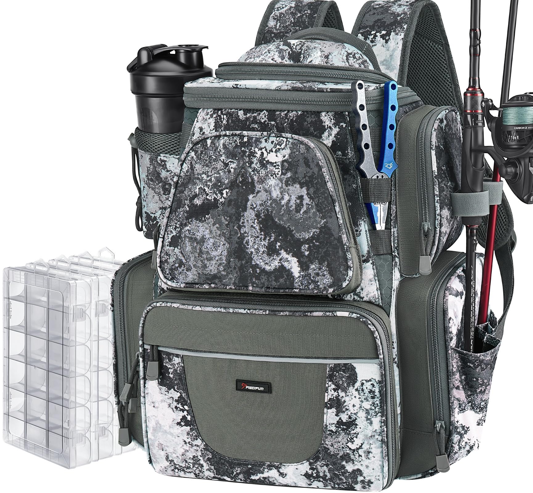 Piscifun Fishing Backpack with 2 Rod Holders & 4 Tackle Boxes, Large Tackle Storage Bag With Rain Cover for Fishing Gear