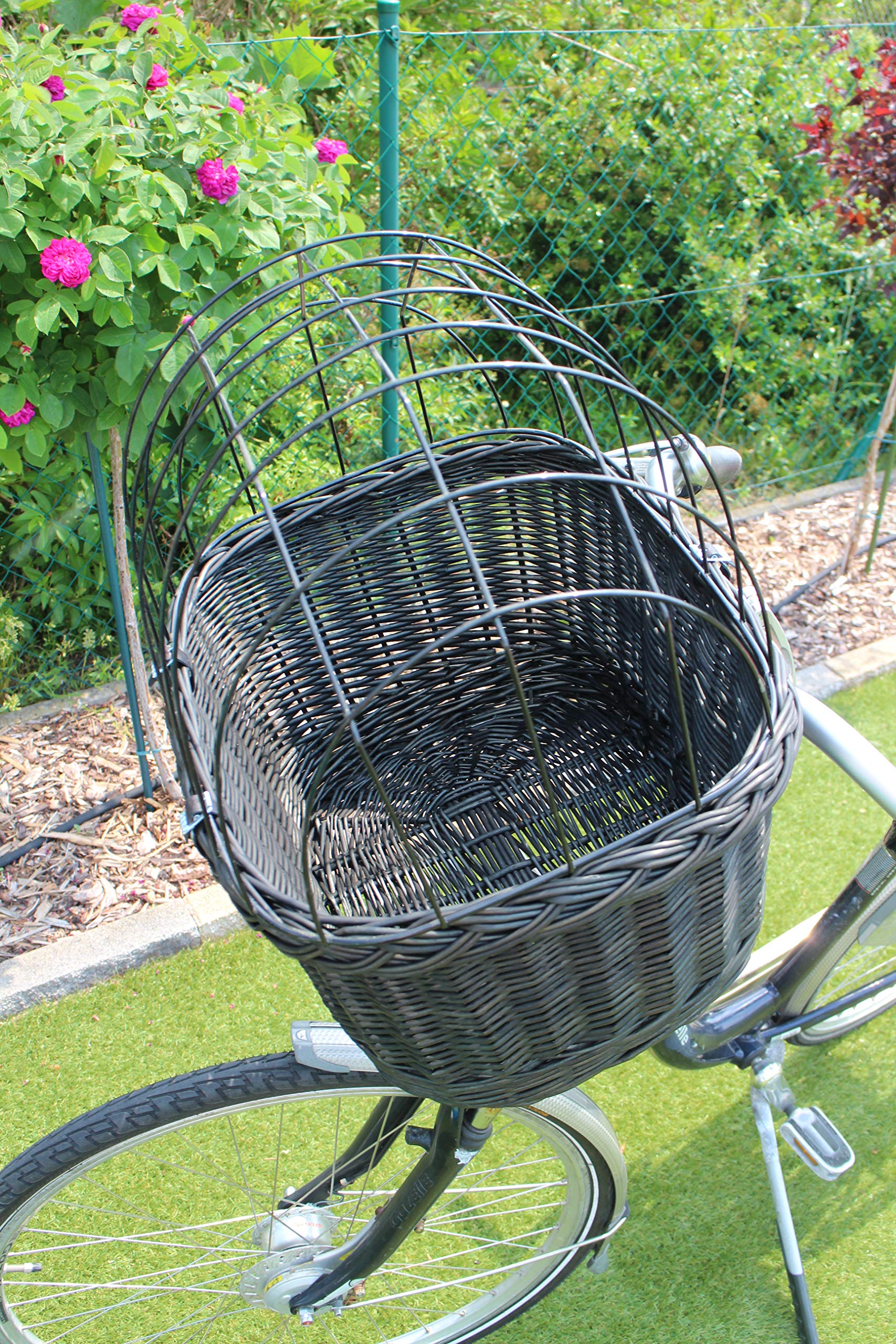 Hundefahrradkorb für Fahrradlenker aus Weide mit Metallgitter und Kissen in Schwarz Lenkrad Weidenkorb (ohne Kissen)