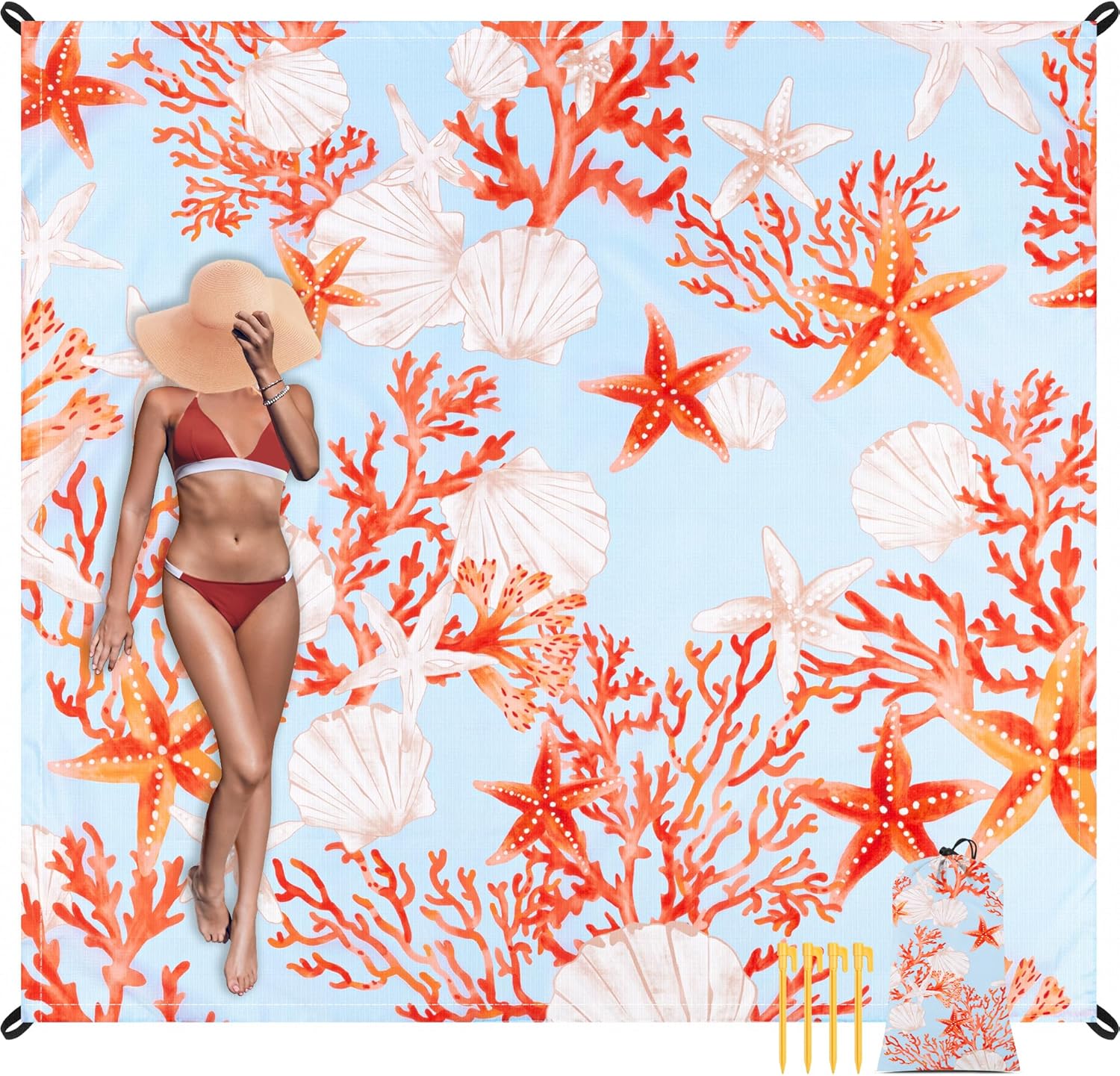 Beach Blanket Waterproof Sandproof, 9 Ft X 10 Ft Extra Large Sand Free Beach Mat, Big Compact Lightweight Quick Drying Picnic Blanket with 4 Stakes & Pockets for Camping, Travel, Hiking