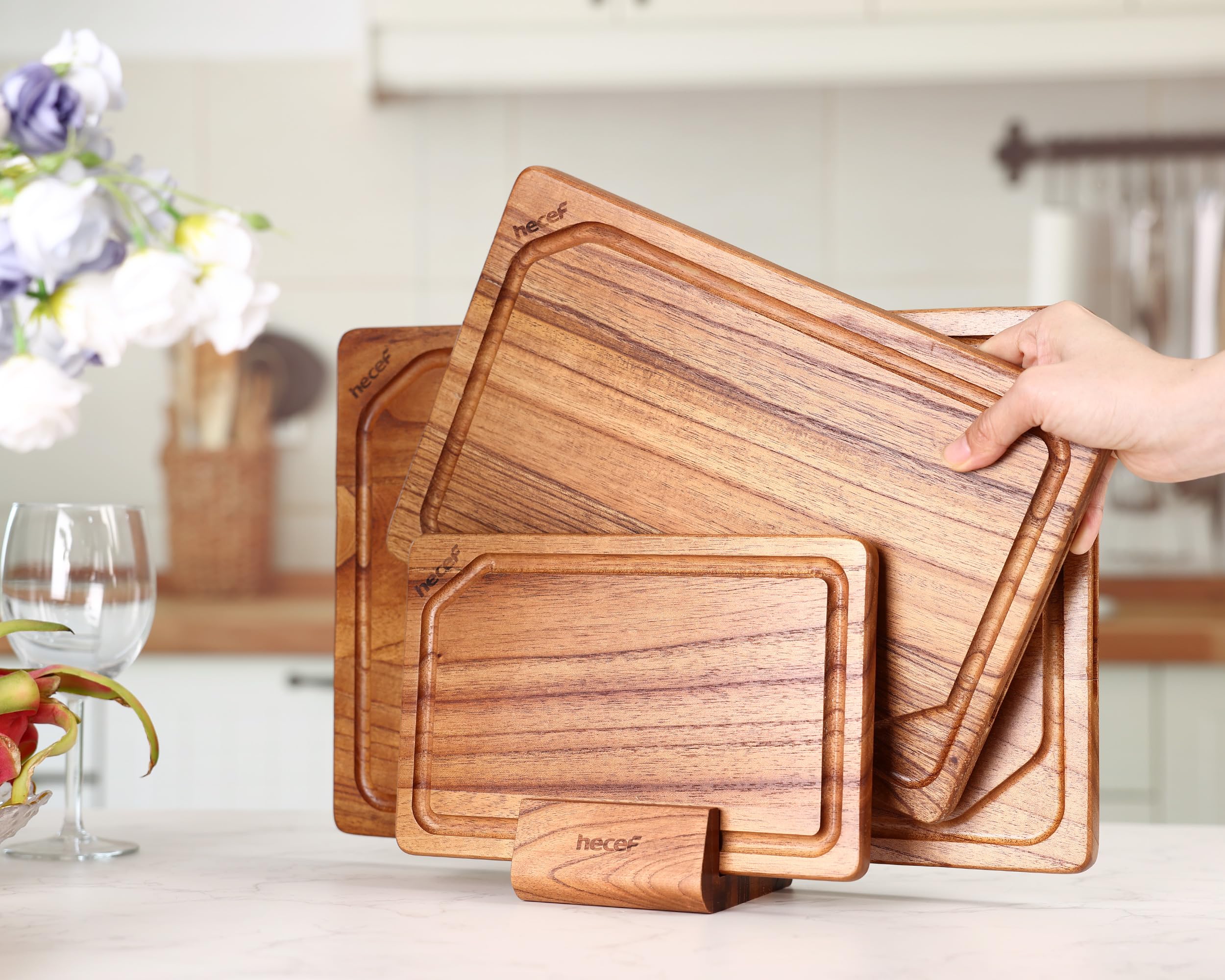 hecef Set di taglieri da cucina in legno con supporto, reversibili per taglio/servizio, scanalature raccogli-succhi e maniglie, 3 pezzi (piccolo, medio, grande) per carne, pane, salumi e formaggi