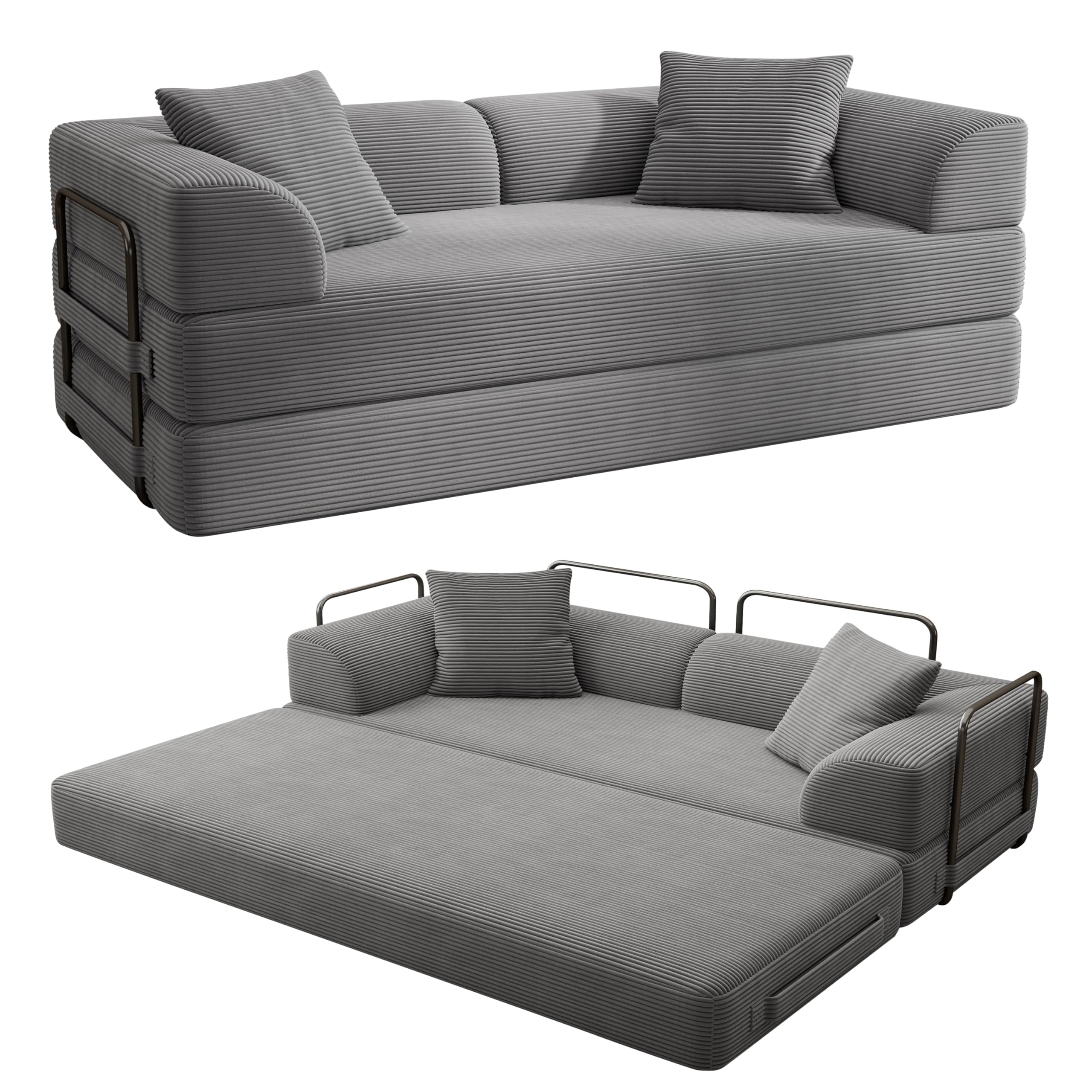 Cloud Boneless Couch Futon Sofa Bed, 5-in-1 Convertible Sofa Bed Pull Out Couch Sleeper Sofa Compressed Loveseat, 70" High-Density Sponge & Corduroy Fabric Futon Daybed for Living Room Bedroom (Gray) | 5-in-1 Convertible