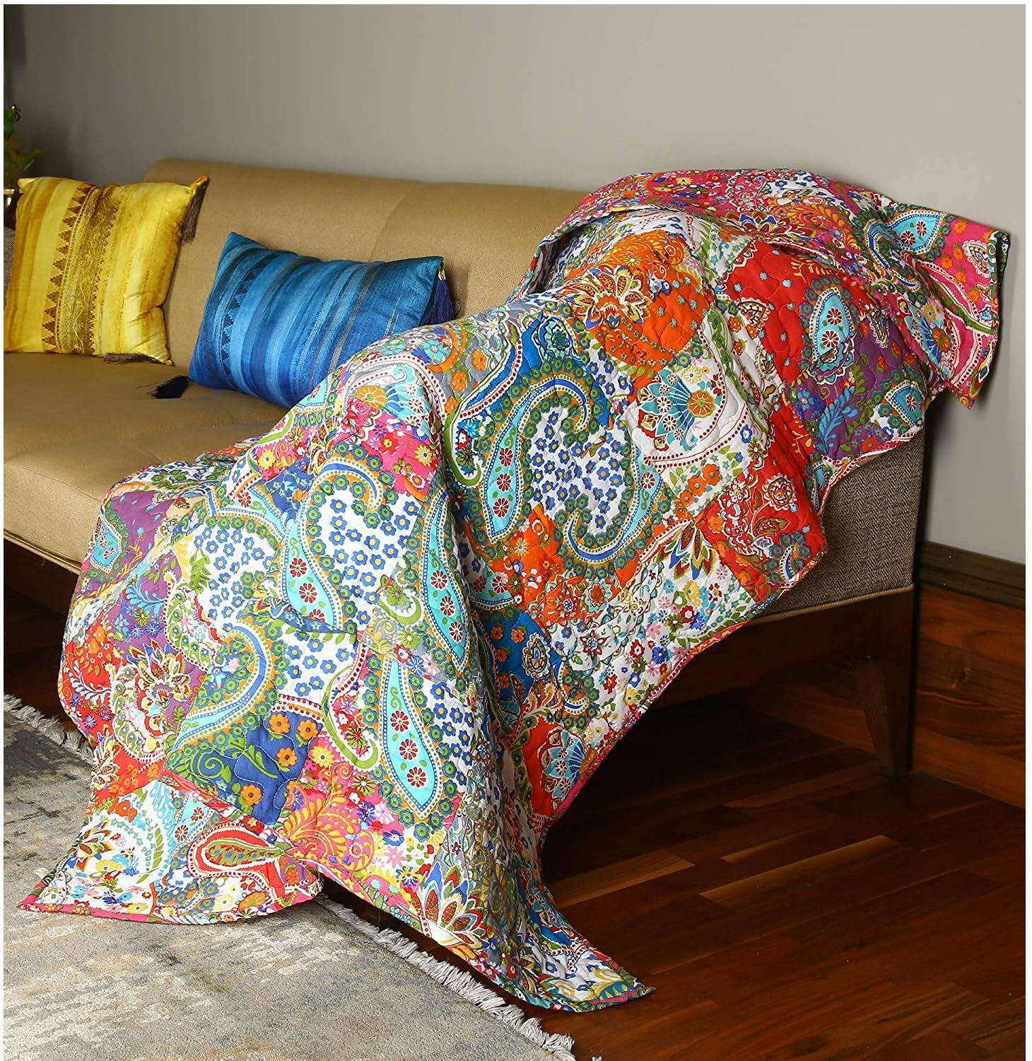 Patchwork Indian Soft Baby Quilts Blanket Multi Color Super Soft Warm Indian Vintage Reversible Quilt for Sofa and Couch 51"x67" Inches