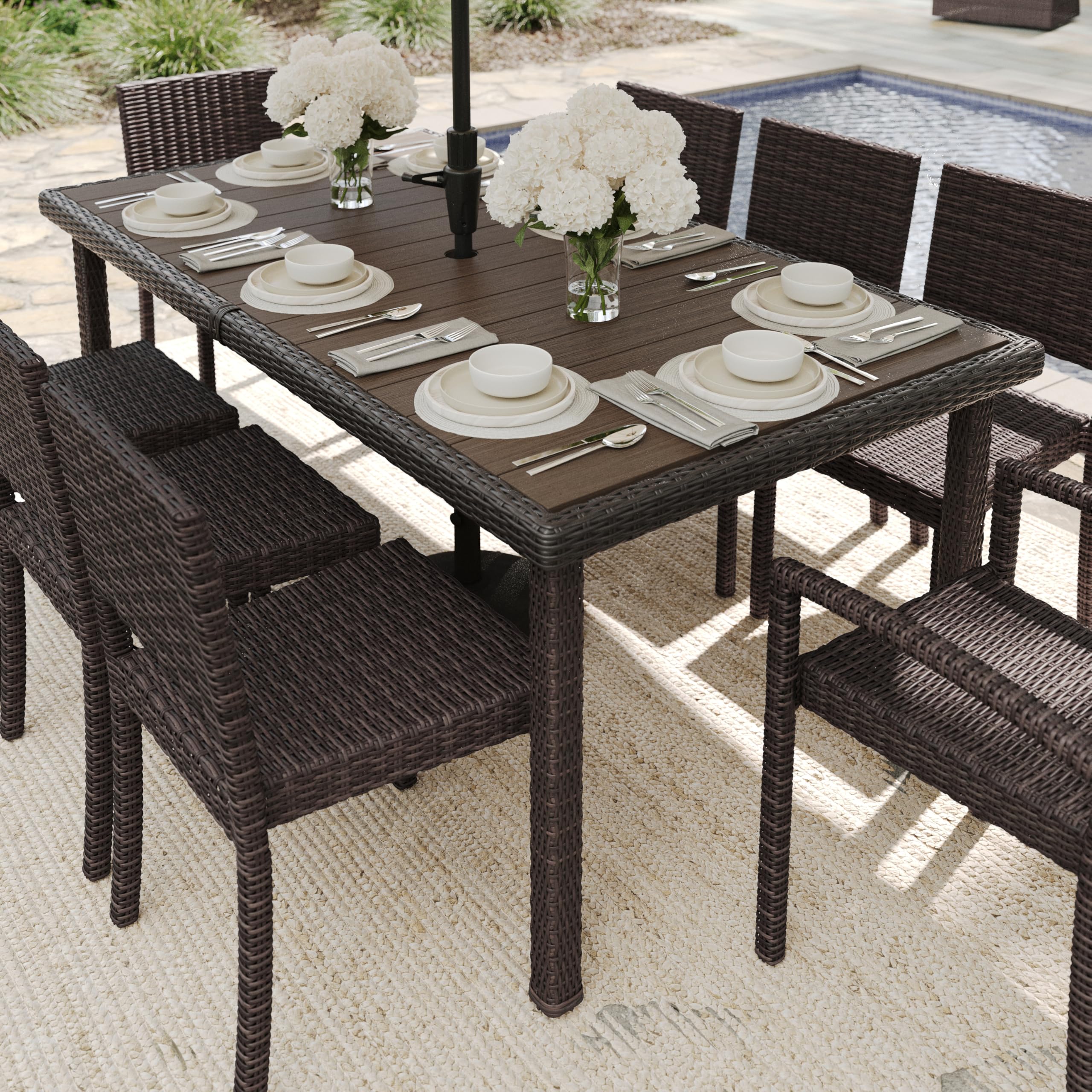martha stewart bedford 70" indoor-outdoor patio table with faux wood top and rattan wicker finish in brown