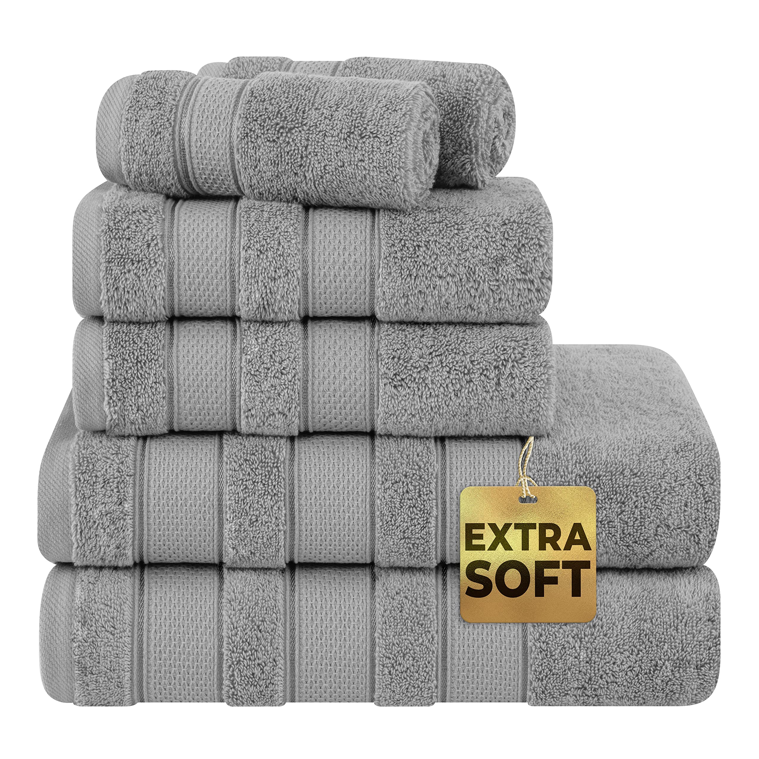 6 Piece Towel Set Super Soft & Absorbent Luxury Hotel Quality 100% Turkish Genuine Cotton, 2 Bath Towels, 2 Hand Towels, 2 Washcloths, - Silver Light Greys