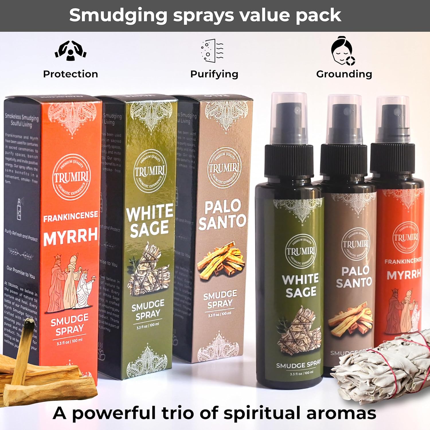 Set of 3 Smudge Sprays White Sage|Palo Santo|Frankincense Myrrh for Spiritual Cleansing of Negative Energy and Protection - Natural Room Sprays and Body Mists Made with Non Toxic Essential Oils