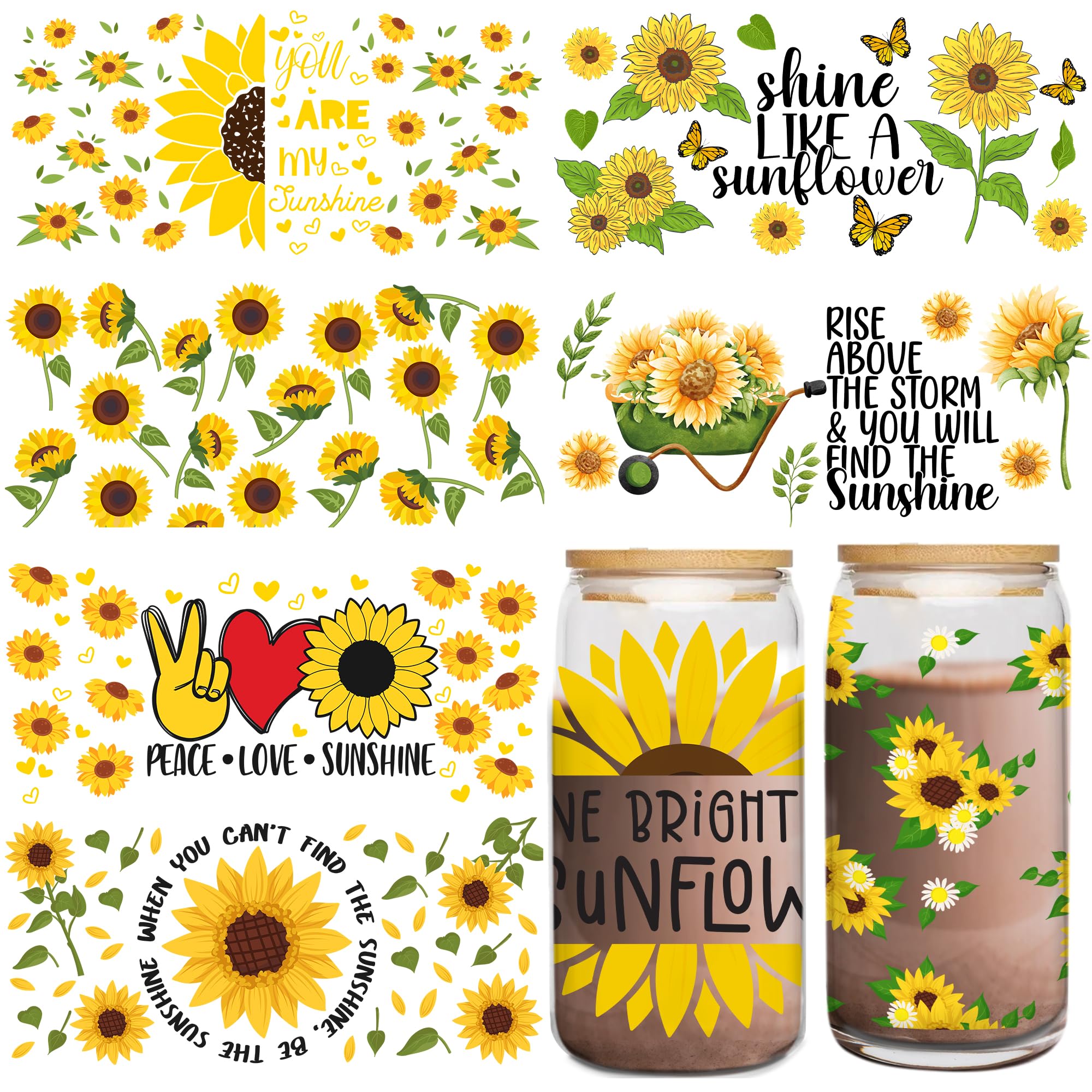 UV DTF Cup Wraps Sticker - 8 Sheets Sunflower UV DTF for 16 OZ Glass, Sunflower, Inspirational Quotes, Butterfly Design Rub on Transfer Sticker,