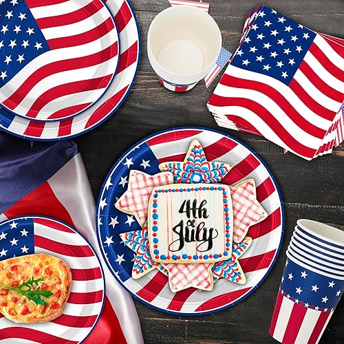 Miniatura 4 de QZYL 96 piezas de suministros para fiesta del 4 de julio, sirven decoraciones del 24 de julio, juegos de platos y servilletas del 4 de julio,