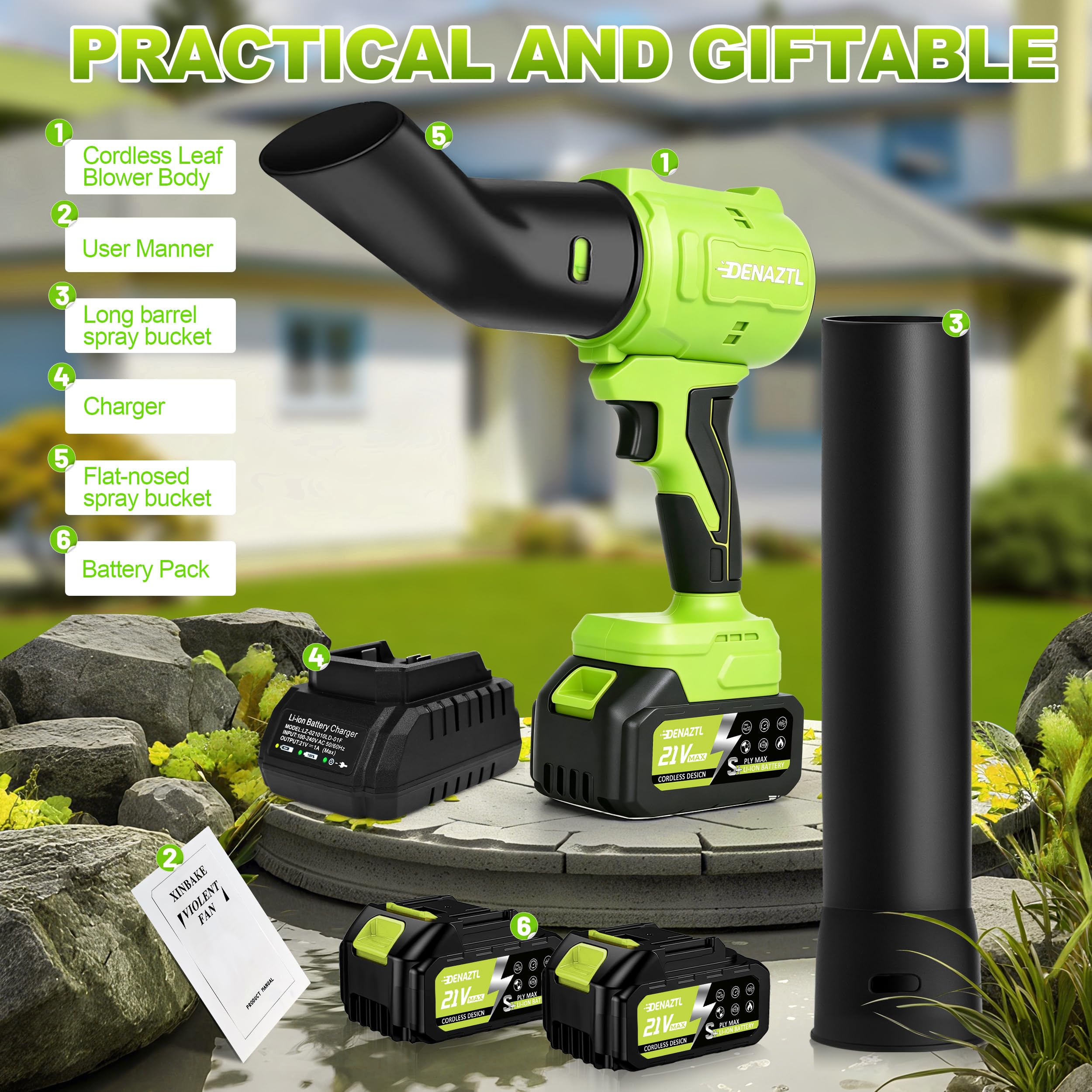 Soplador de hojas inalámbrico, soplador de hojas de mano de 500000 rpm, batería de 21 V 4.0 AH y cargador, sopladores de hojas ligeros para el cuidado del césped, limpieza de patio, soplar hojas