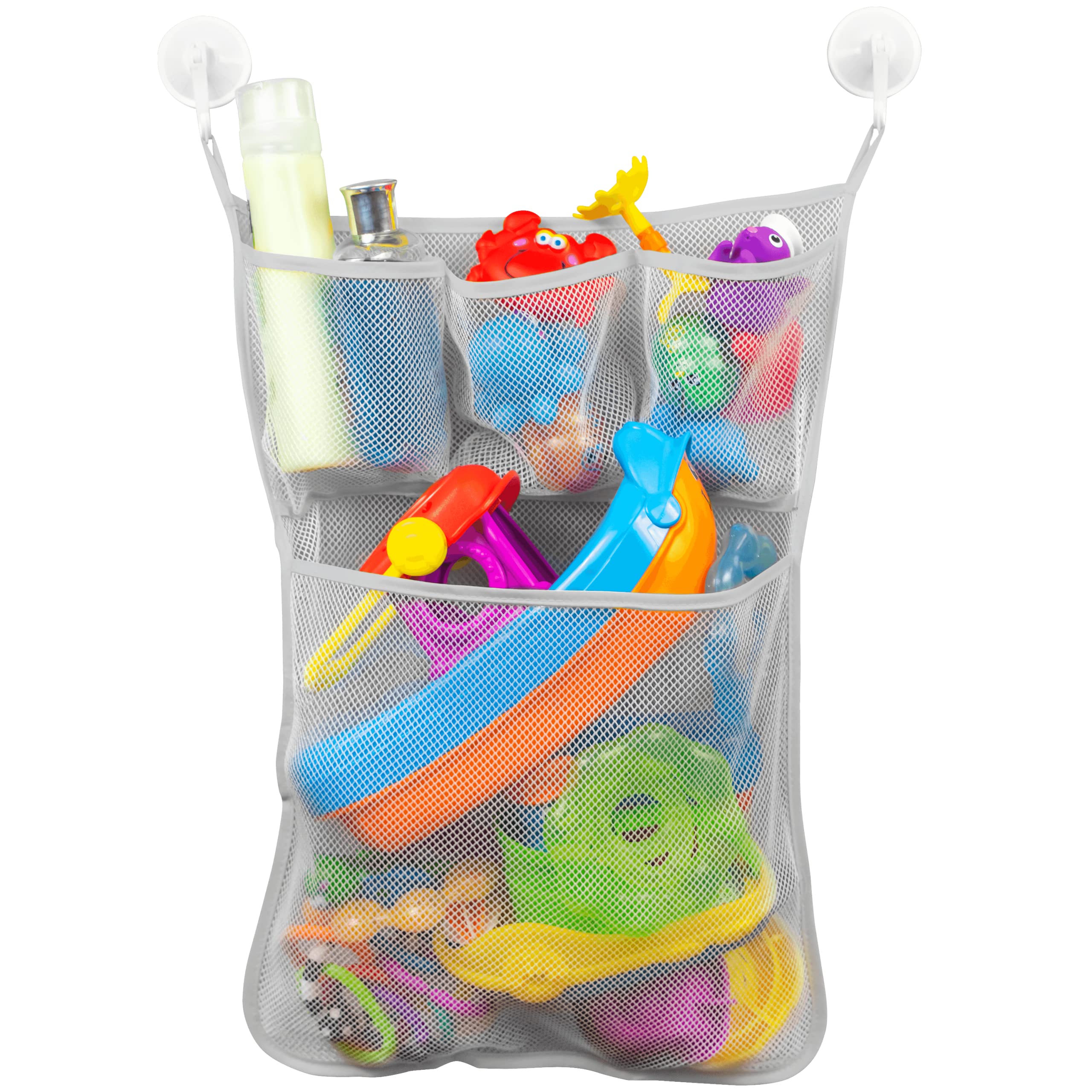 S&T INC. Bath Toy Storage Net with Pockets for Tub, Shower Caddy Holds Baby and Kids Toys, Soap, or Shampoo, Hooks Included, 14 Inch by 20 Inch, Grey, 1 Pack