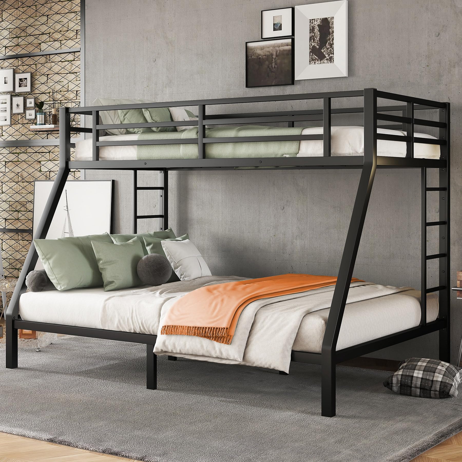 Twin XL Over Queen Bunk Bed,Heavy Duty Metal Bunk Bed Frame for Adults,2 Side Ladder,Guardrail,Space-Saving,Noise Reduced,No Box Spring Needed,Black (Black, Twin XL Over Queen)