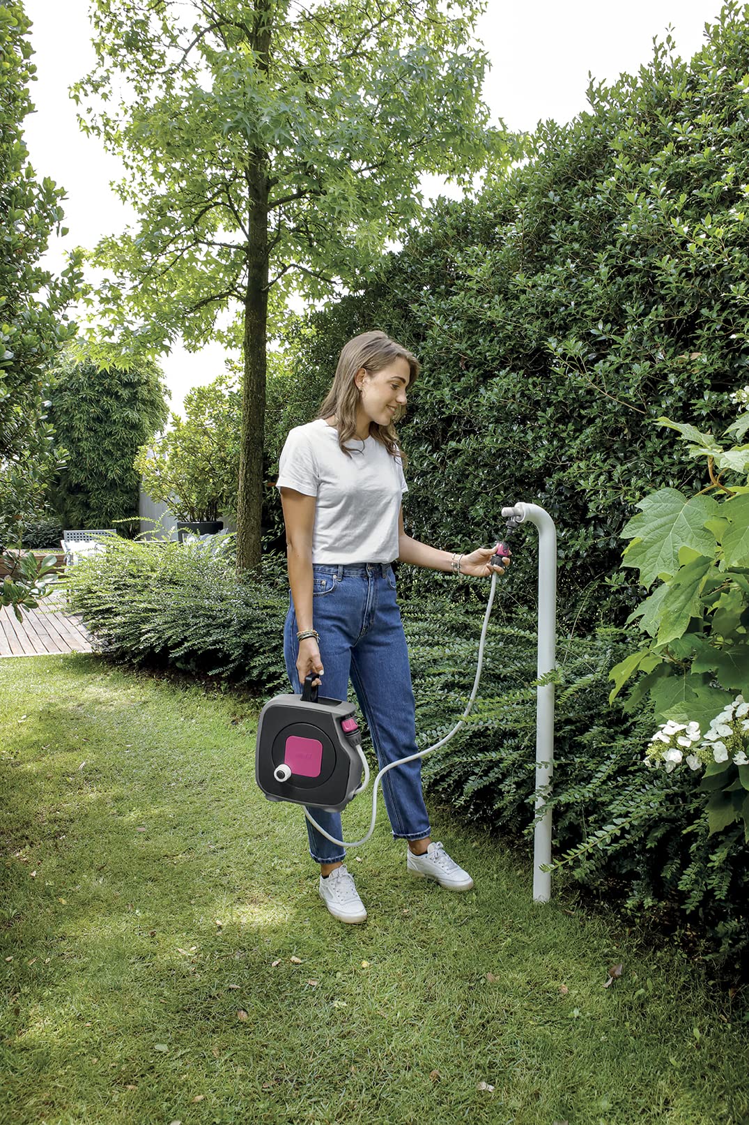 GF Garden Aquabag Mini - Avvolgitubo Compatto 8,5mt Con Lancia 8 Getti, Per Balcone E Giardino, Fucsia