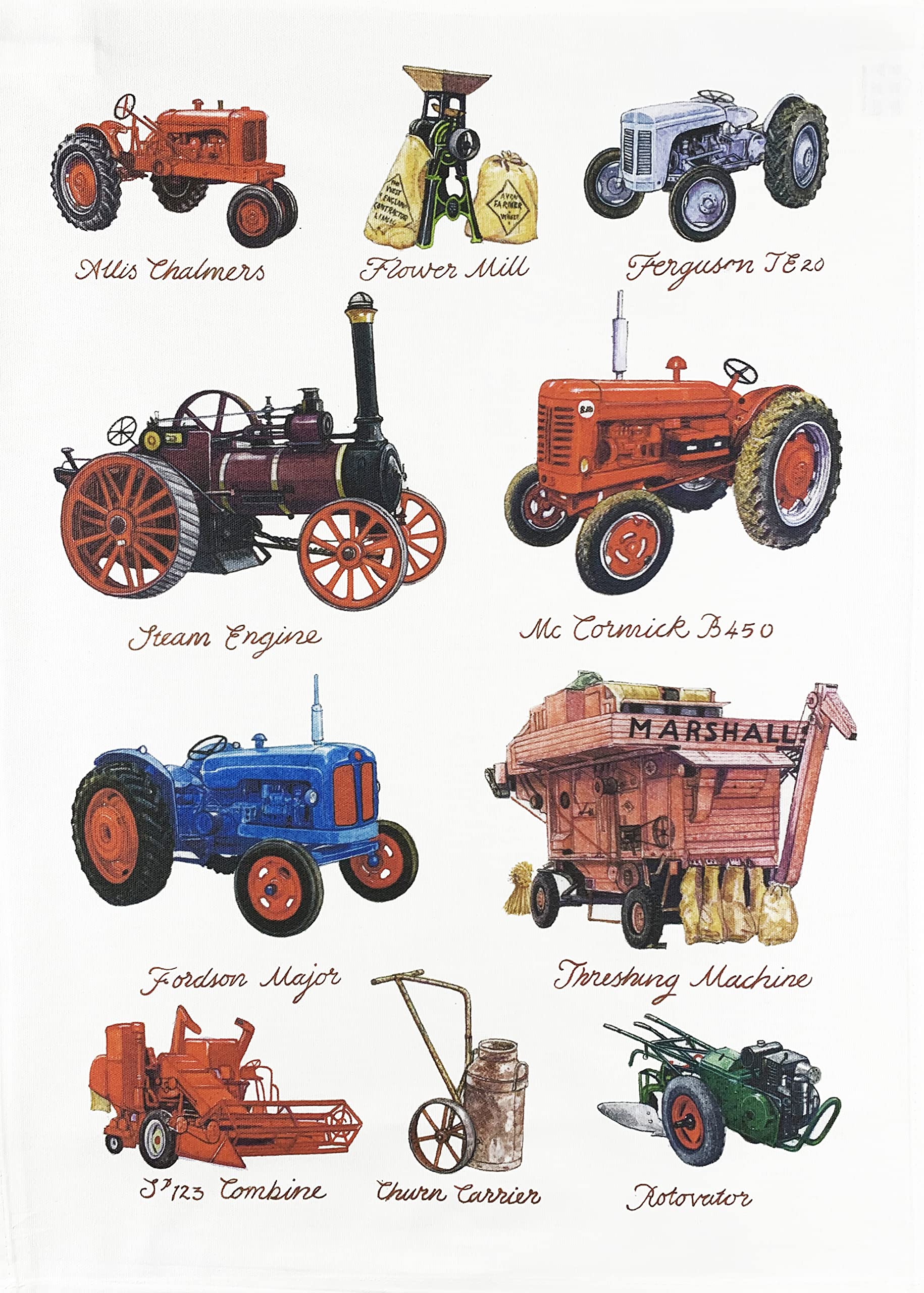 Hand Drawn Tractors Tea Towel, machine washable, cotton, hand drawn