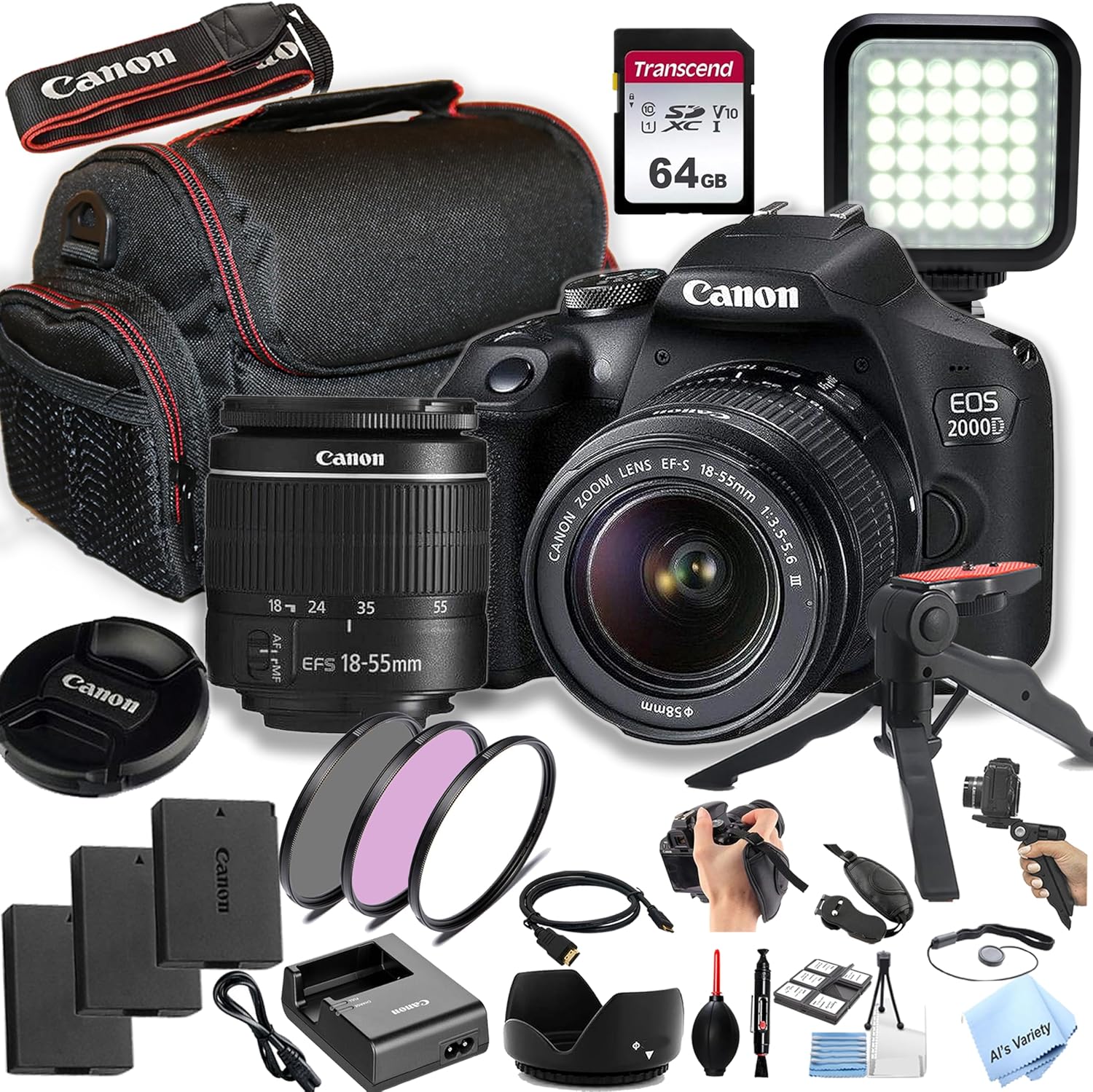 Canon EOS 2000D/Rebel T7 w/EF-S 18-55mm F/3.5-5.6 Zoom Lens, 64GB SD Card and More (DSLR Power Bundle)