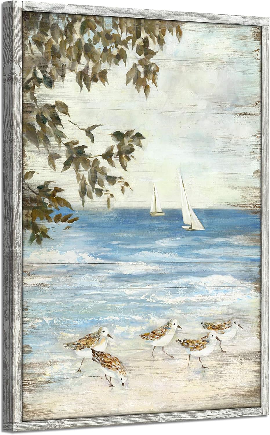 Abstract Coastal Wooden Artwork Framed: Beach Painting Hand Painted Wall Art for Living Room (24" W x 36" H, Multi-Sized) 36"L x 24"W wooden seabird