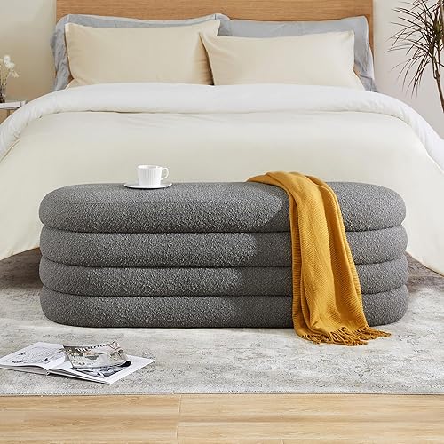 Miniatura 11 de Otomana Redonda con Almacenamiento para Sala de Estar Pequeño Taburete de Bouclé Reposapiés Moderno Tapizado Taburete de Tocador Otomana Reposapiés