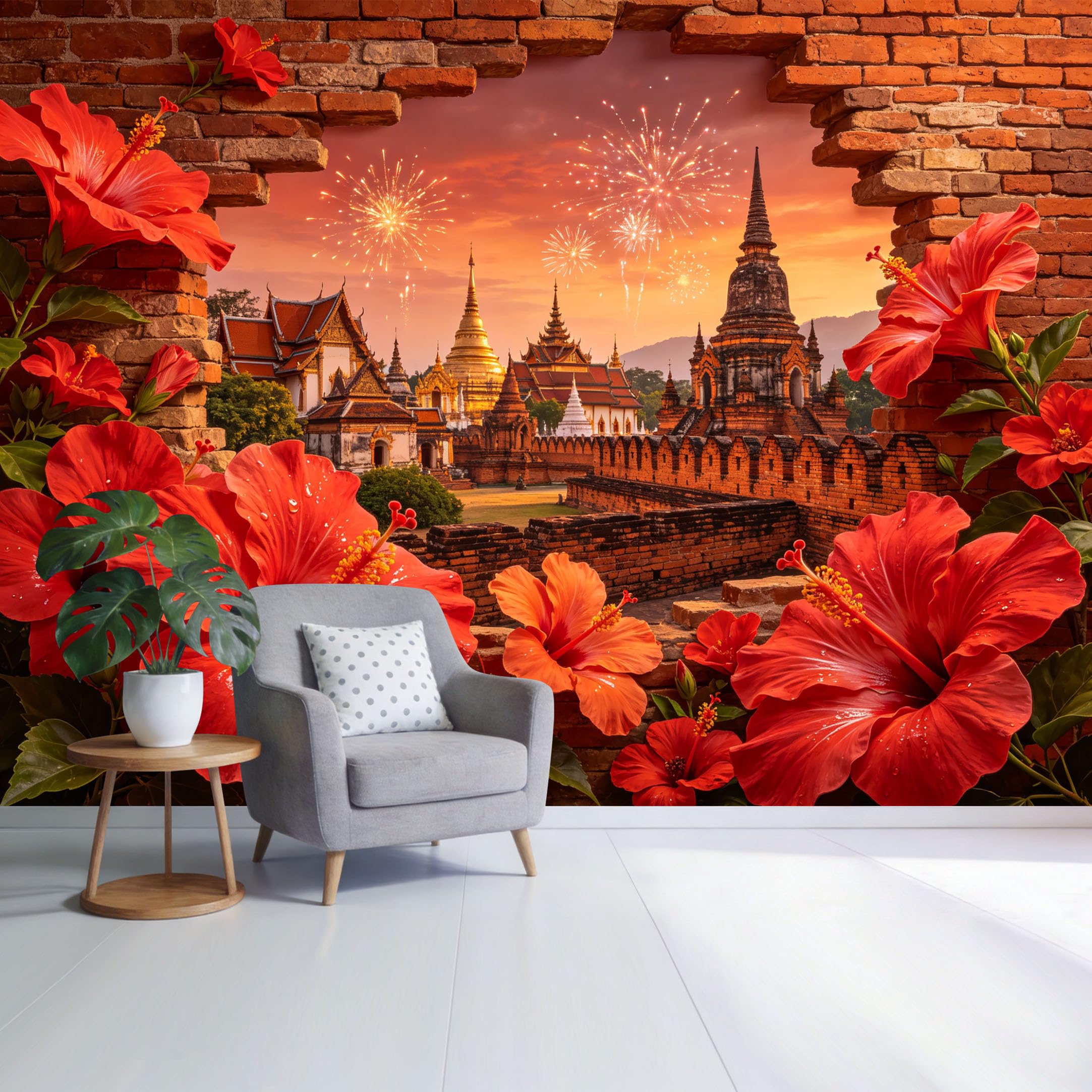 Custom Size Wall Mural Tropical Red Hibiscus Flowers Temple Sunset Landscape Fireworks View SelfAdhesive Wall Fabric Removable Wallpaper for Home Office Decor