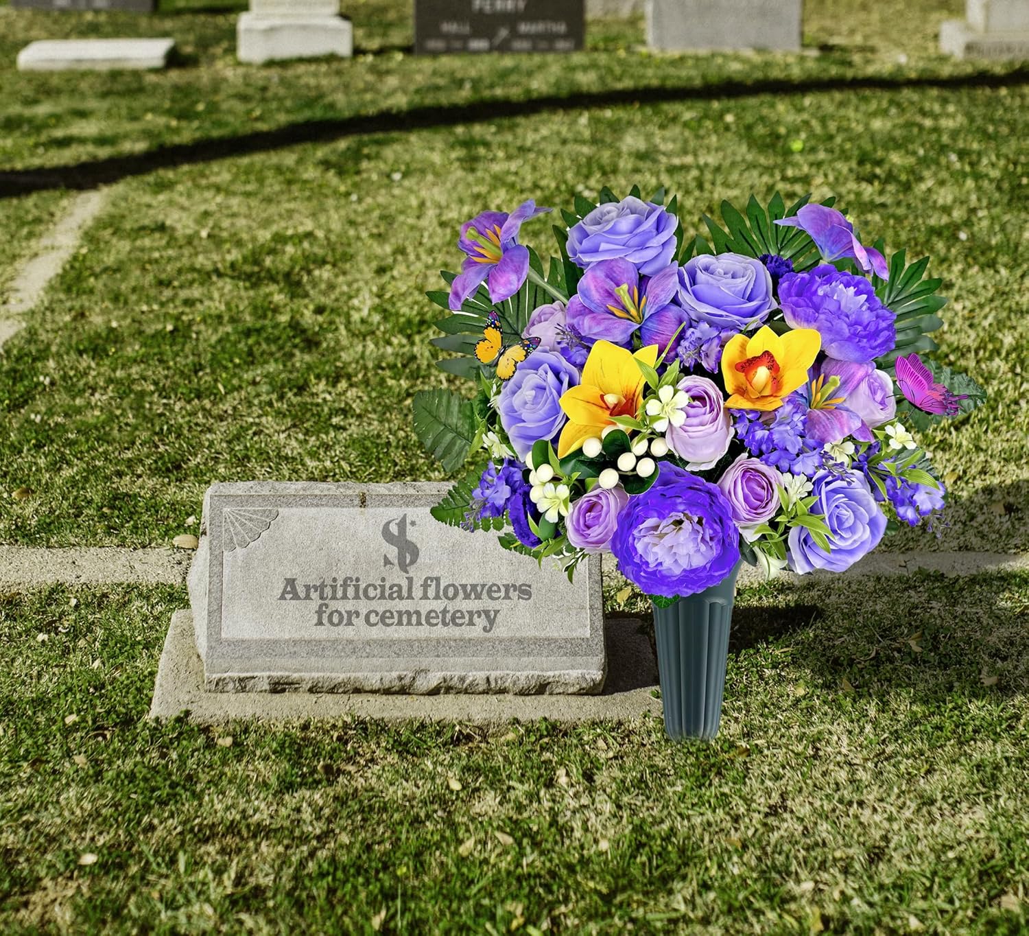 Artificial Cemetery Flowers for Grave,Memorial Flowers Bouquet with Vase for Headstones Decoration,Purple Rose Hibiscus Cymbidium Berry