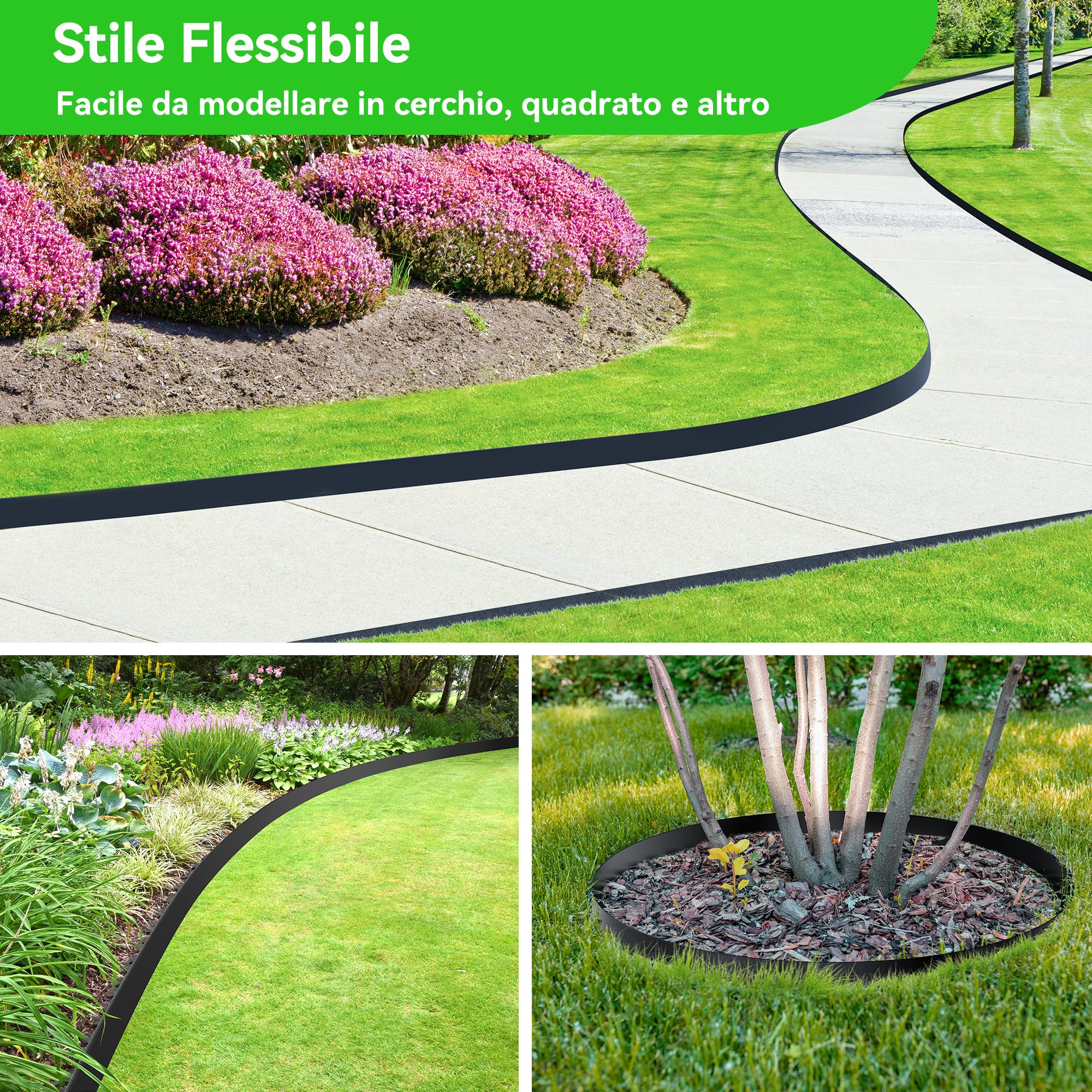 10cm di Altezza 12m Bordo da Giardino Senza Scavo con 60 Picchetti in Plastica da 20cm e 4 Connettori – Kit Bordatura per Giardino con Forbici per Paesaggistica, Prato, Aiuole e Cortile