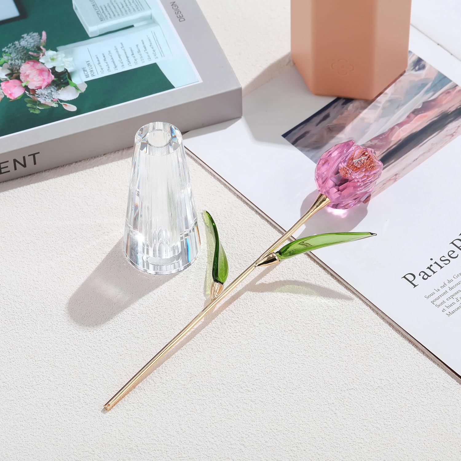 Pink Crystal Tulips Flowers with Stems - Glass Flowers with Vases Home Decor Collectible Figurine Paperweight Tulip Gifts for Women Mom Bestfriend Wedding Anniversary Mothers Day - Image 2