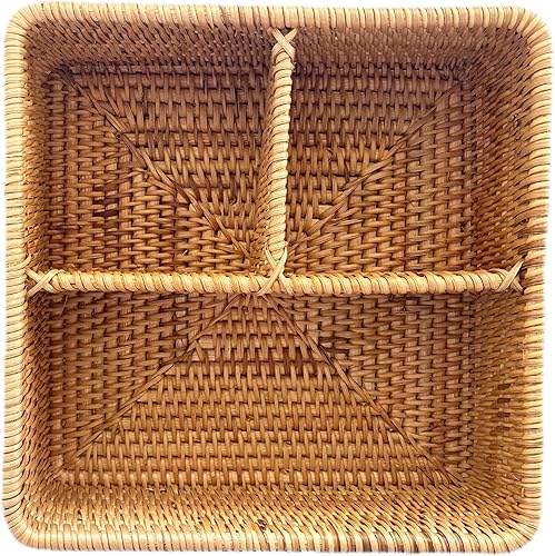 Miniatura 10 de Caja de almacenamiento rectangular de ratán tejida a mano, 3 compartimentos, organizador de cosméticos, utensilios y cesta para servir botellas