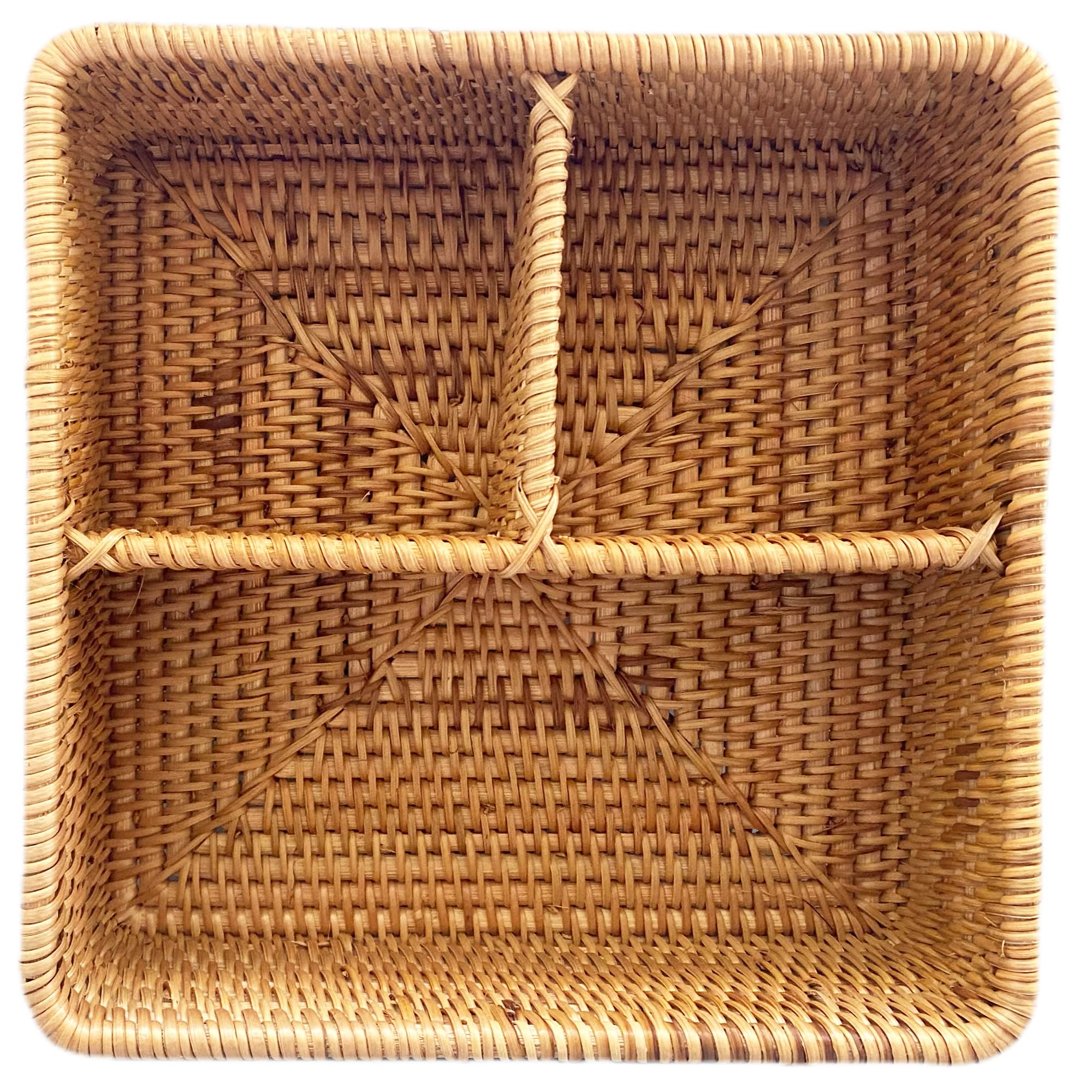 i-lan Caja de almacenamiento de ratán tejida a mano con 3 compartimentos, cesta dividida para servir utensilios y botellas de 10.6 x 10.6 x 4 pulgadas
