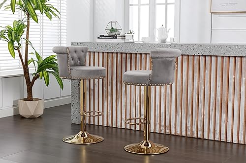 Miniatura 2 de Juego de 2 taburetes de bar giratorios vintage, taburetes de bar tapizados de terciopelo, sillas de bar ajustables con altura de mostrador,