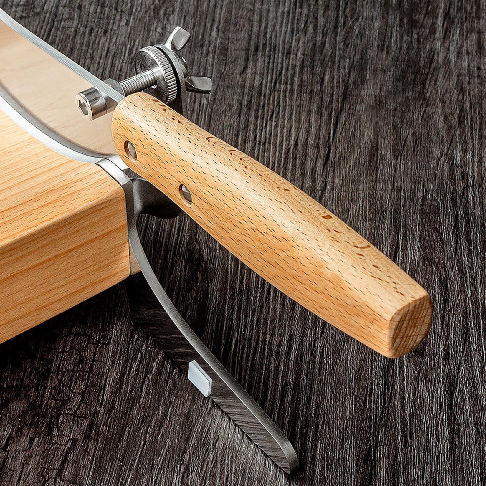 Trancheuse de viande manuelle pour fromage, jerky, biltong et pain – Outil de cuisine en acier inoxydable avec base en bois pour la maison et la charcuterie